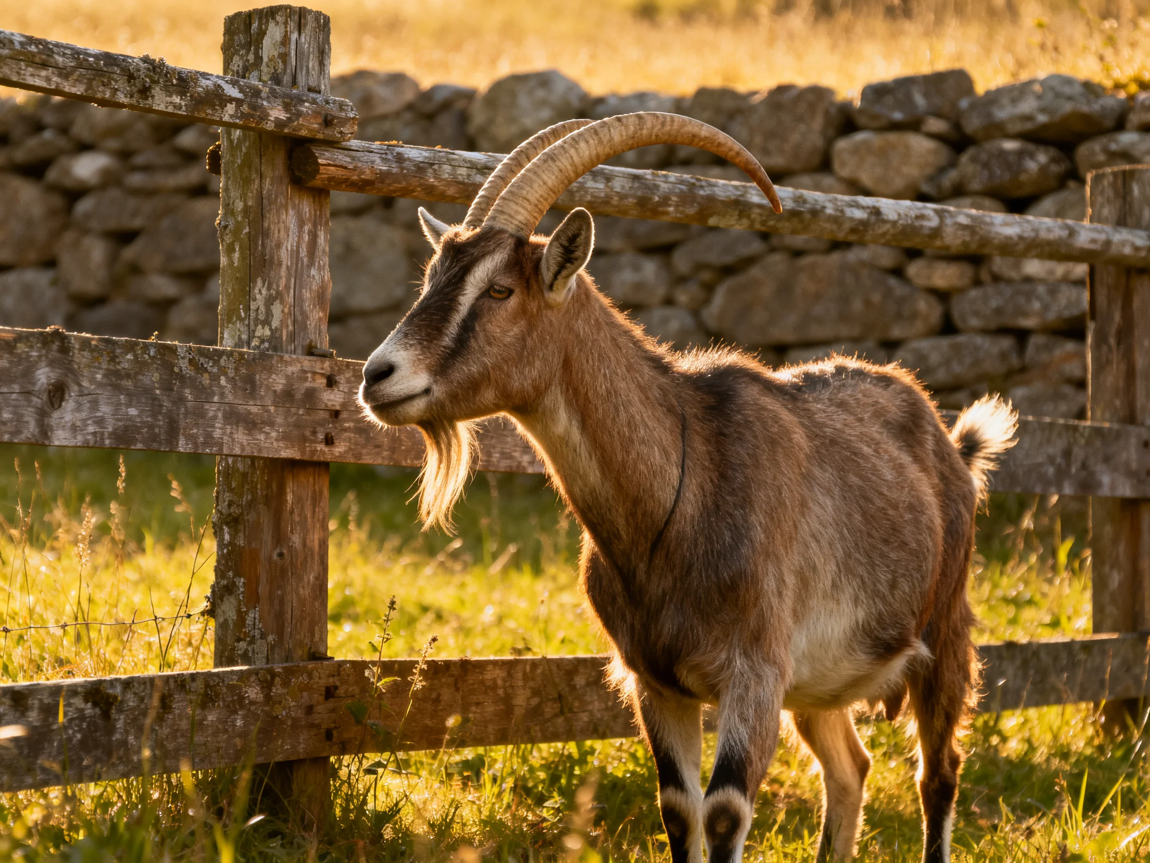 A brown goat with curved horns stands by a weathered wooden fence