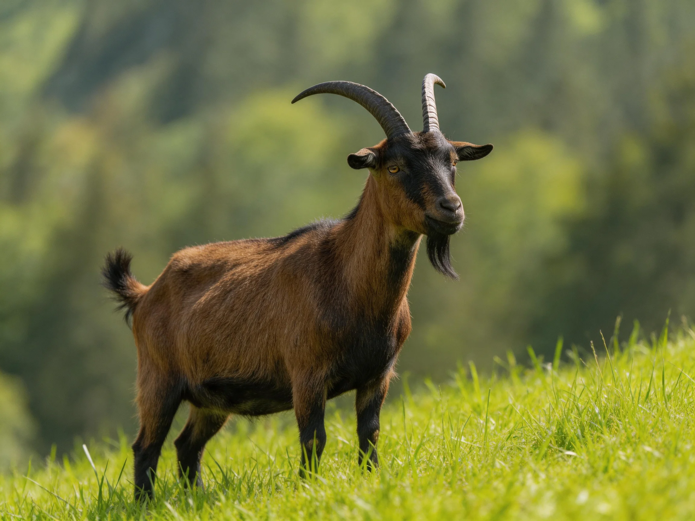 A brown goat with curved horns stands on lush green grass
