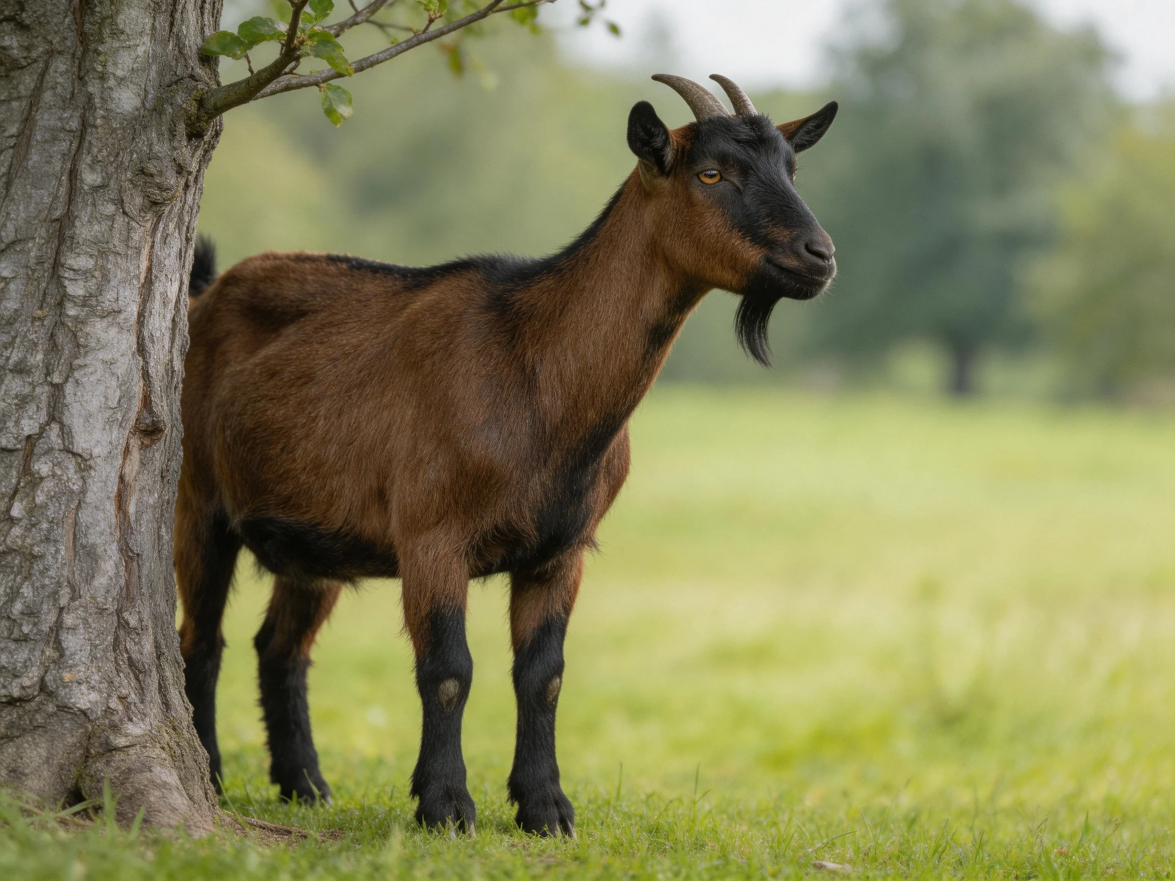 A brown goat with dark markings stands near a large tree in a green field