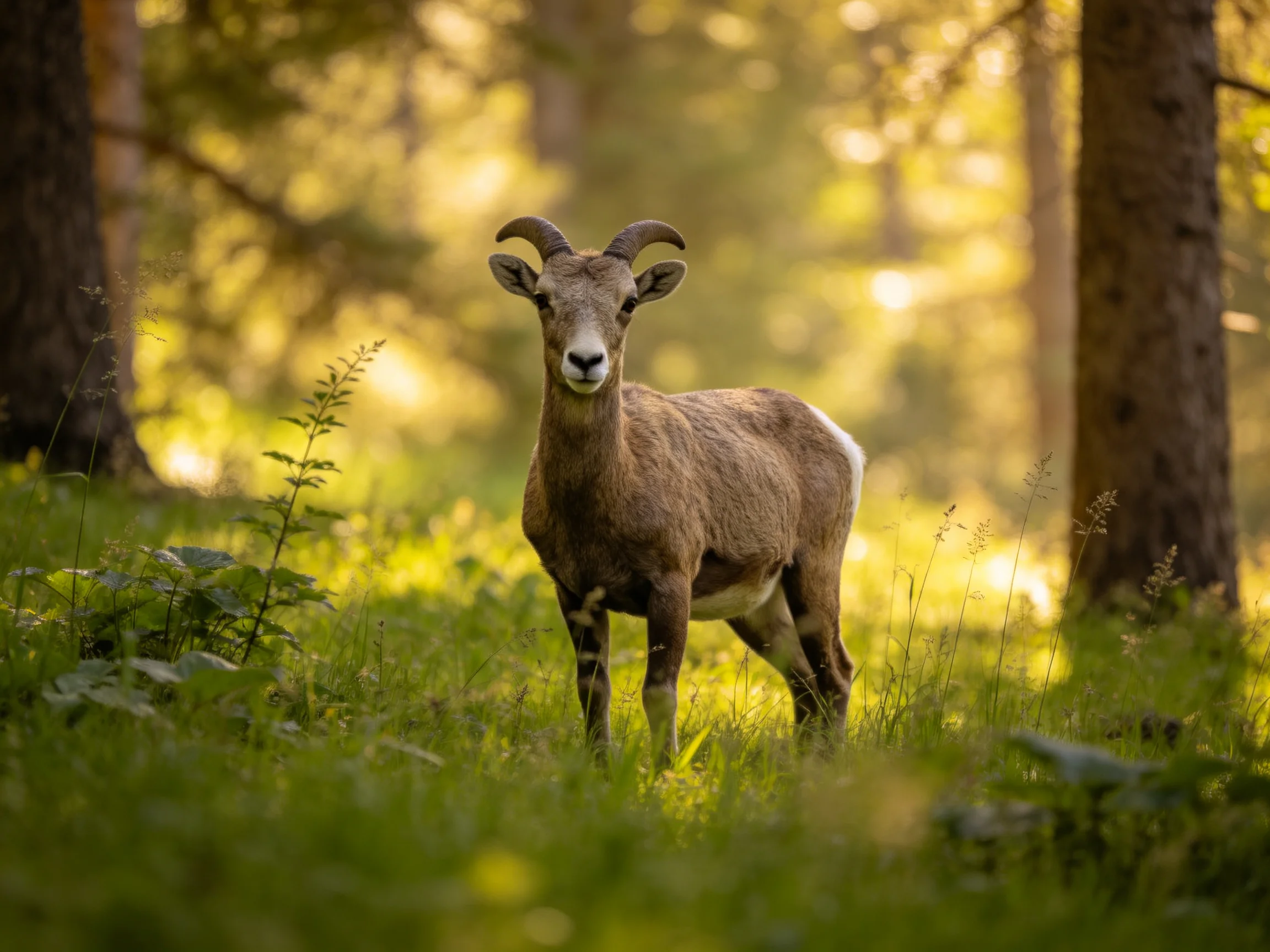 A brown-horned goat in a sunlit forest clearing