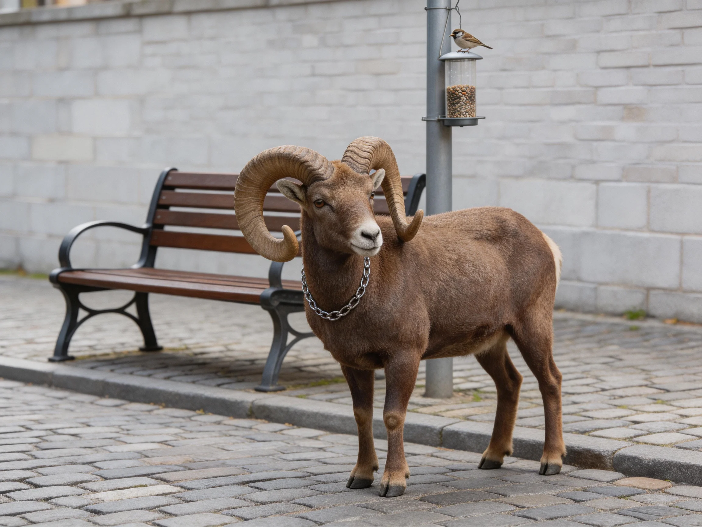 A brown horned goat near a wooden bench with a bird feeder