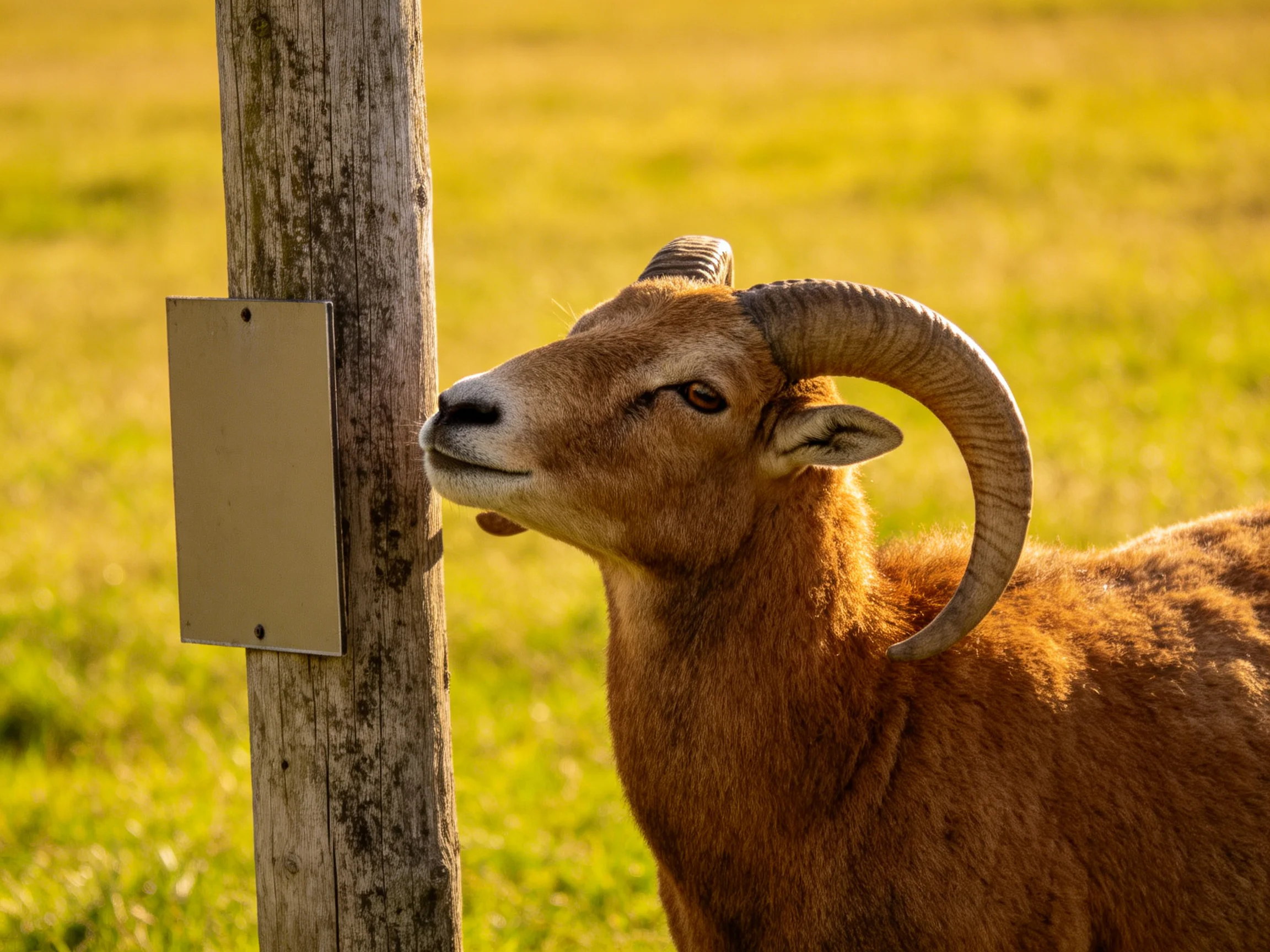 A brown horned goat nuzzles a weathered wooden post in golden grass
