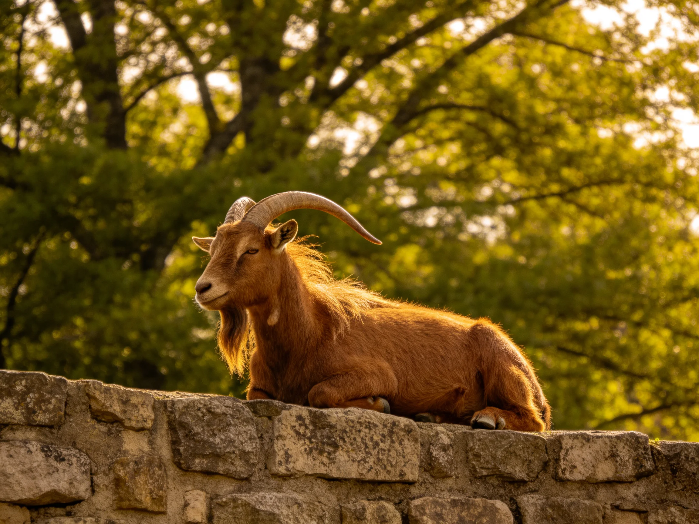 A brown horned goat rests on a weathered stone wall
