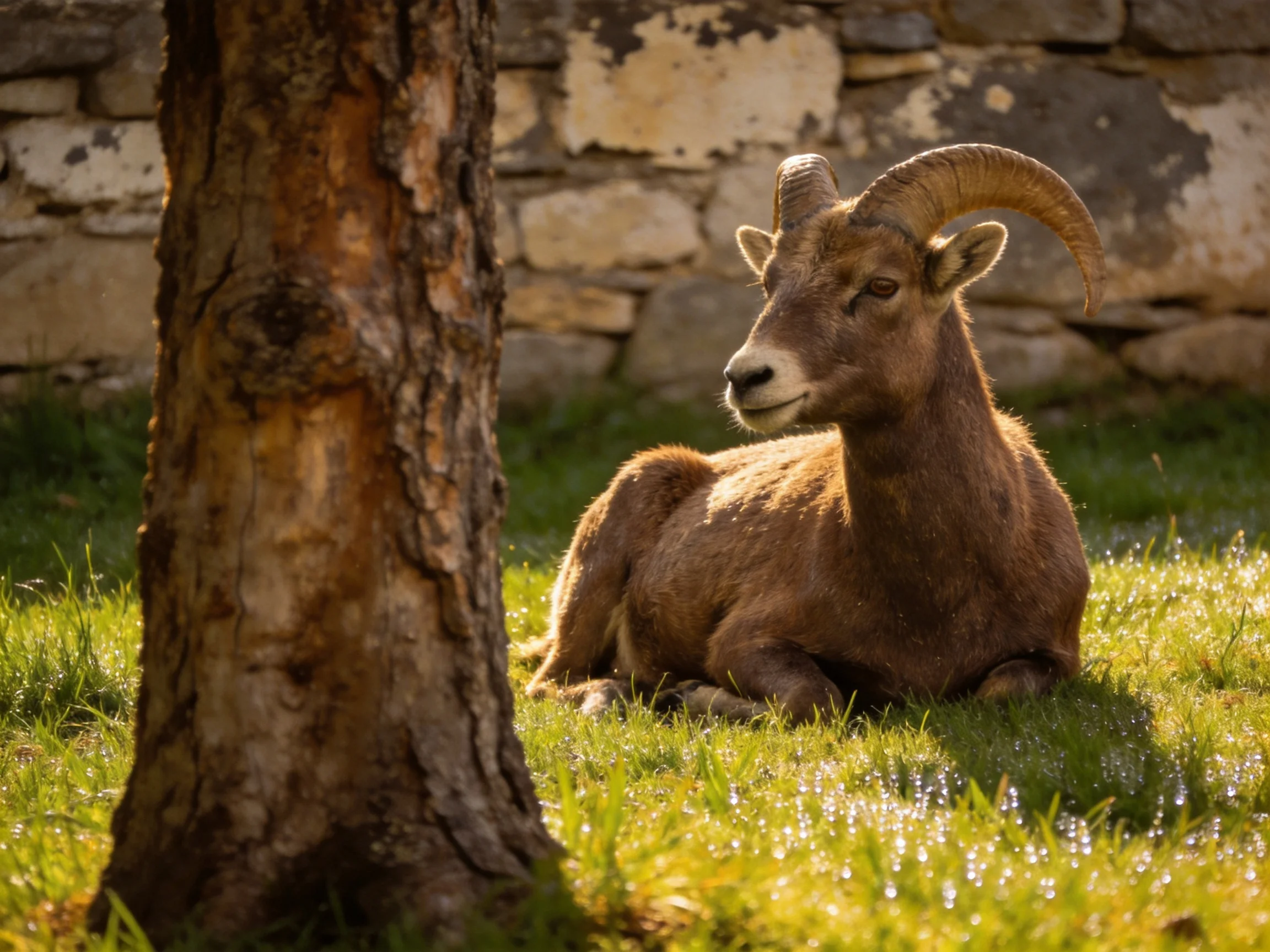 A brown-horned goat rests on dewy grass near a tree and stone wall