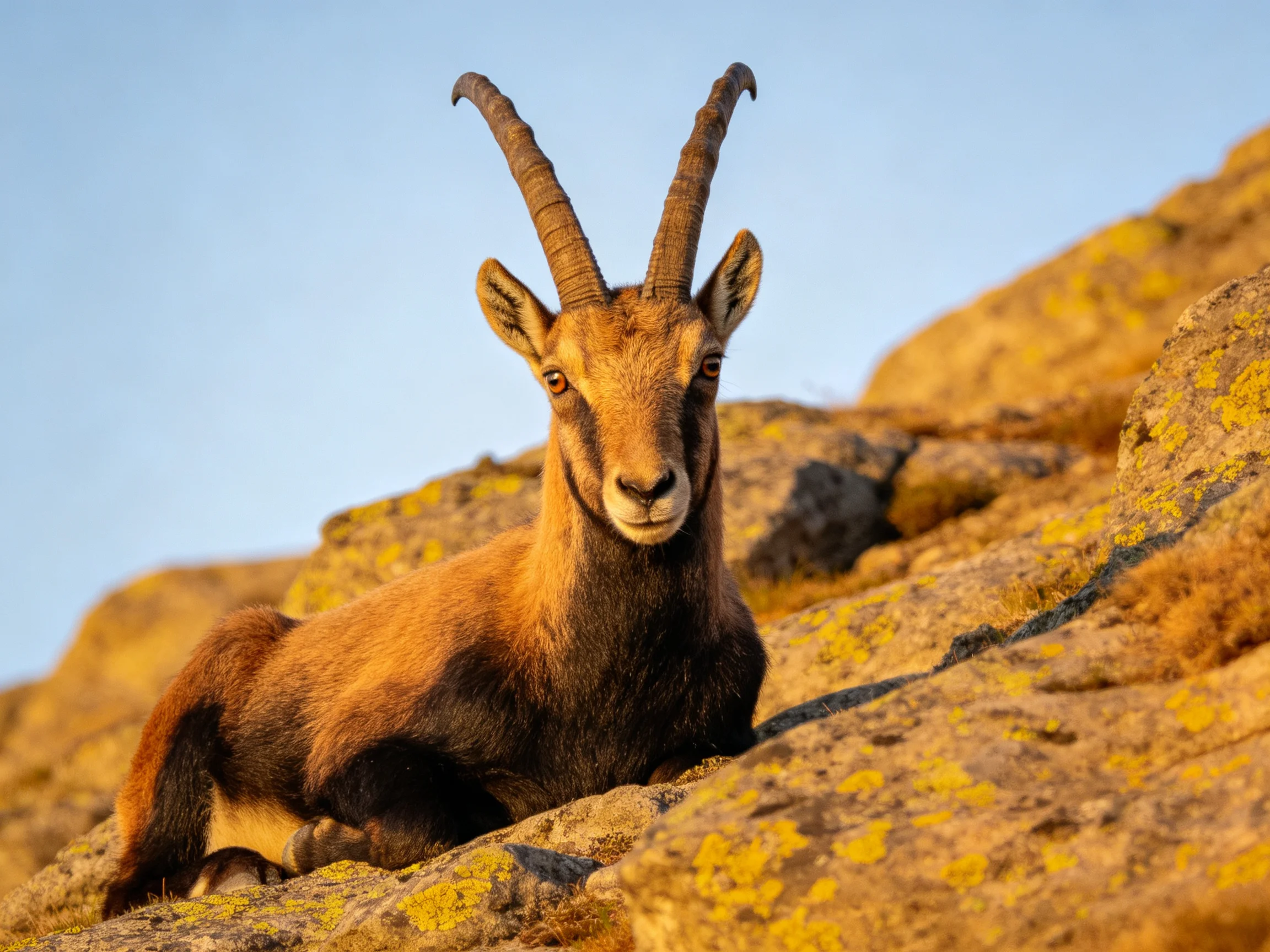 A brown-horned goat rests on lichen-speckled rocky terrain under clear blue sky