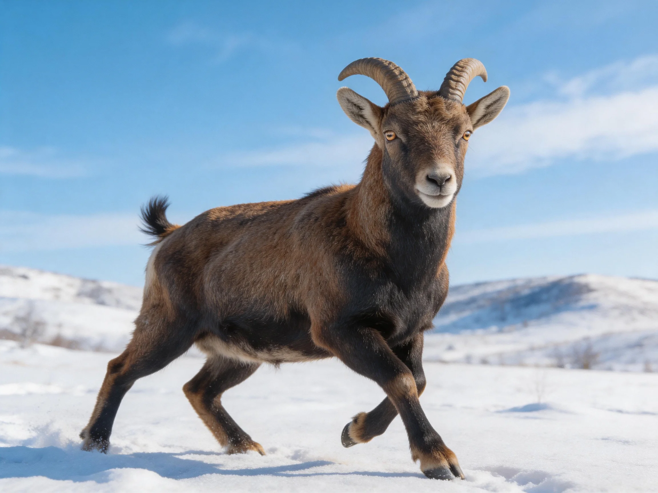 A brown-horned goat runs through a snowy landscape under bright blue skies