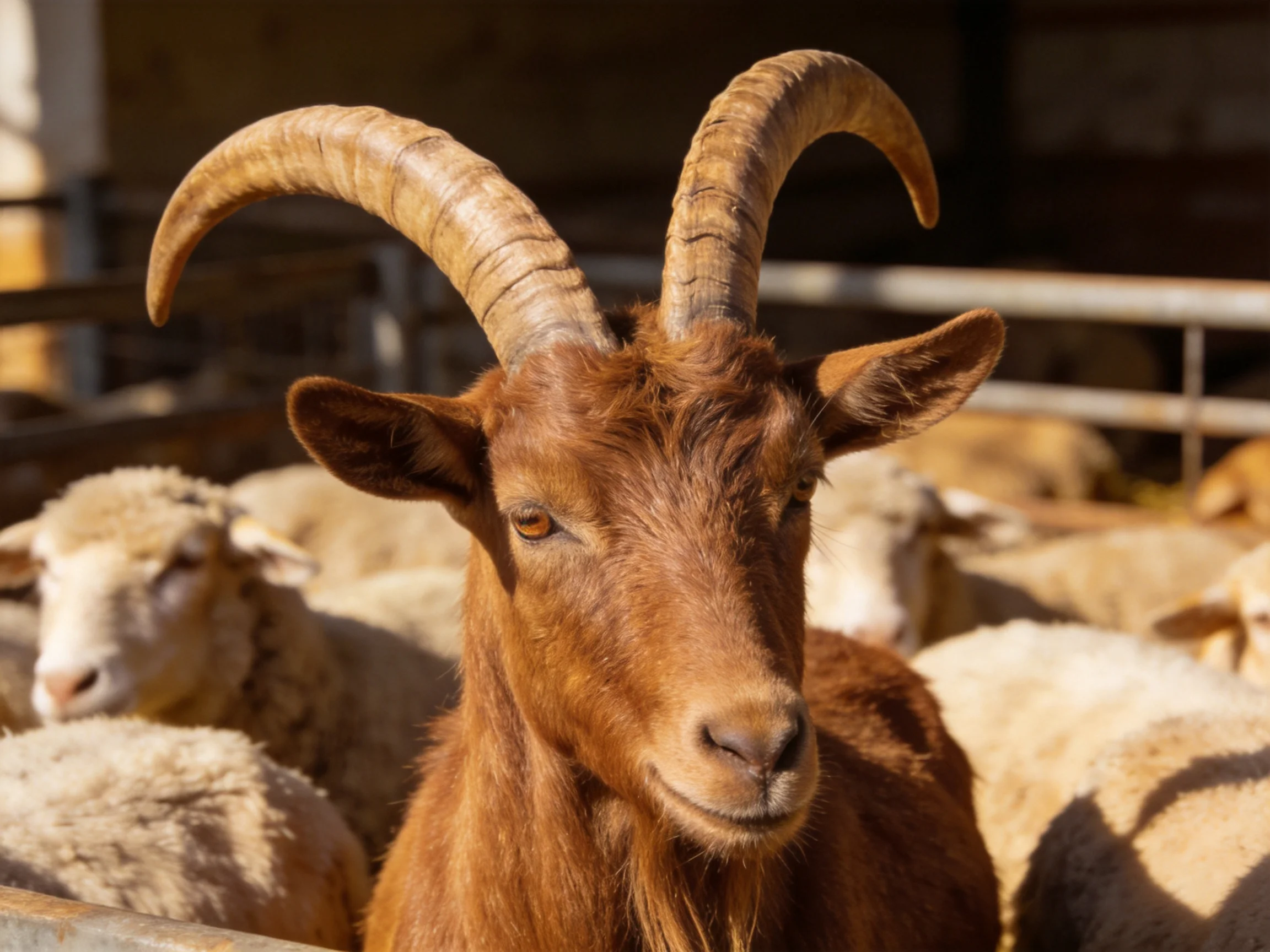 A brown horned goat with large curved horns near sheep