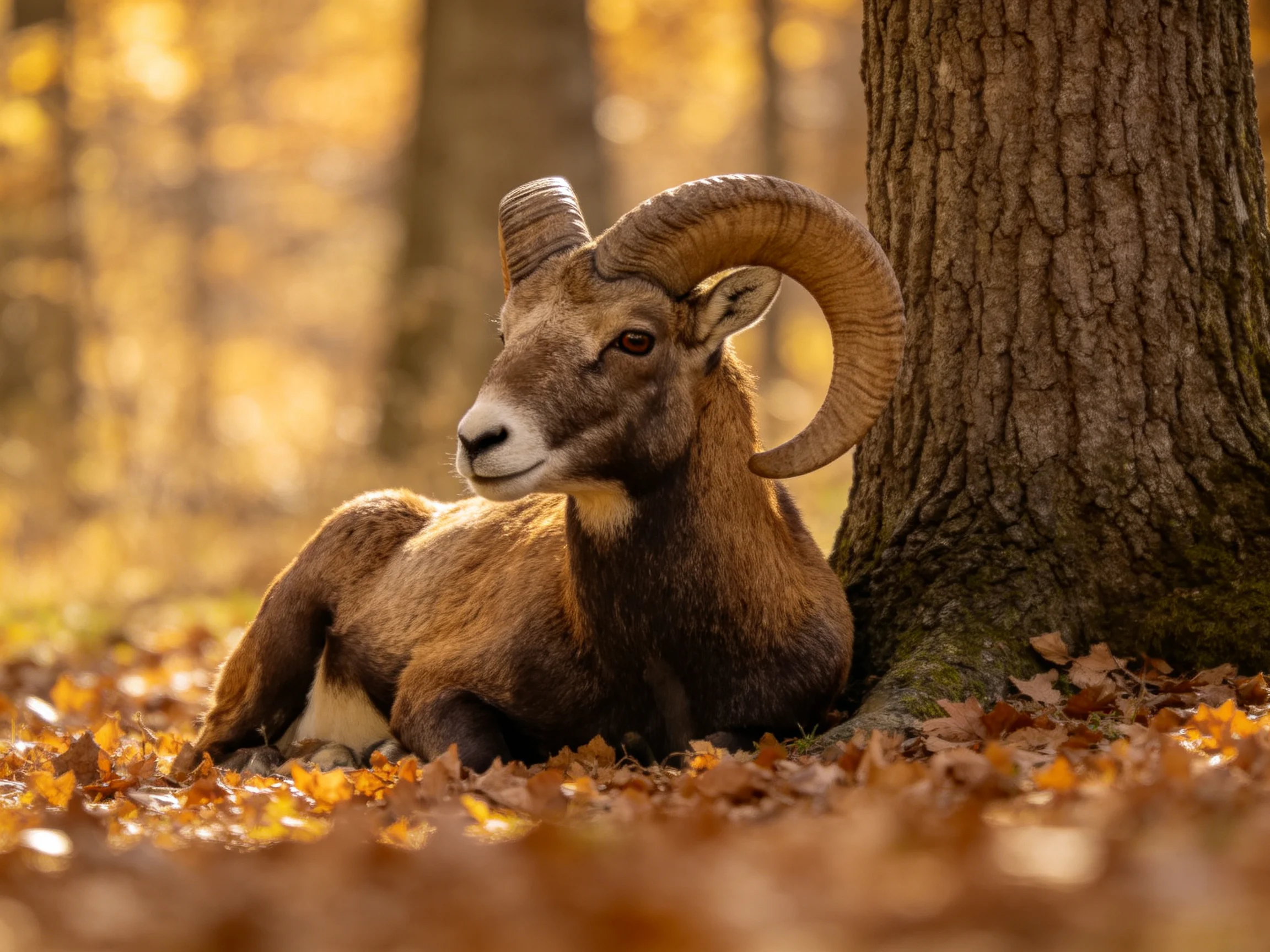 A brown-horned ram rests amid golden autumn foliage by a tree