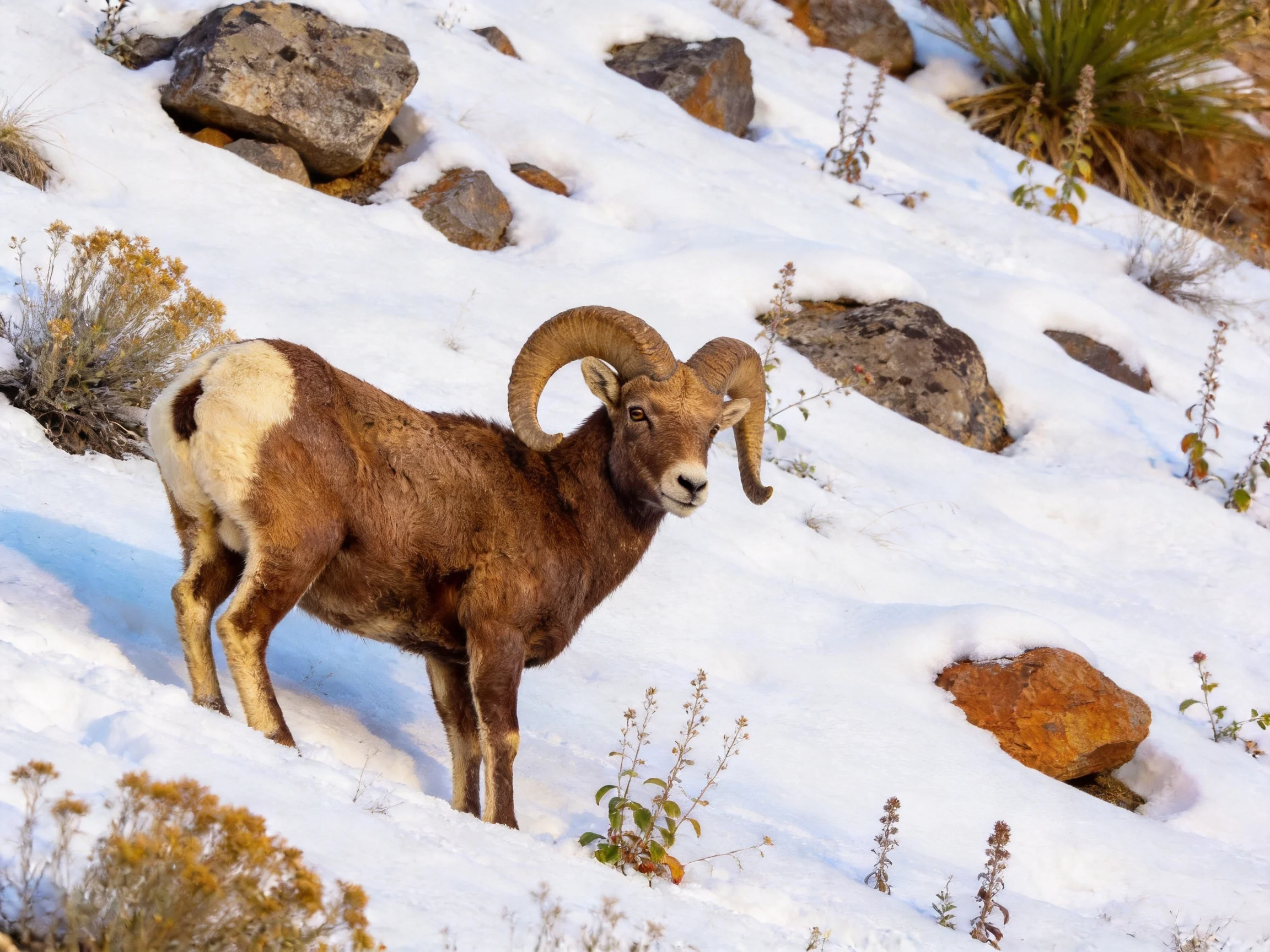 A brown-horned ram stands on a snow-covered rocky hillside