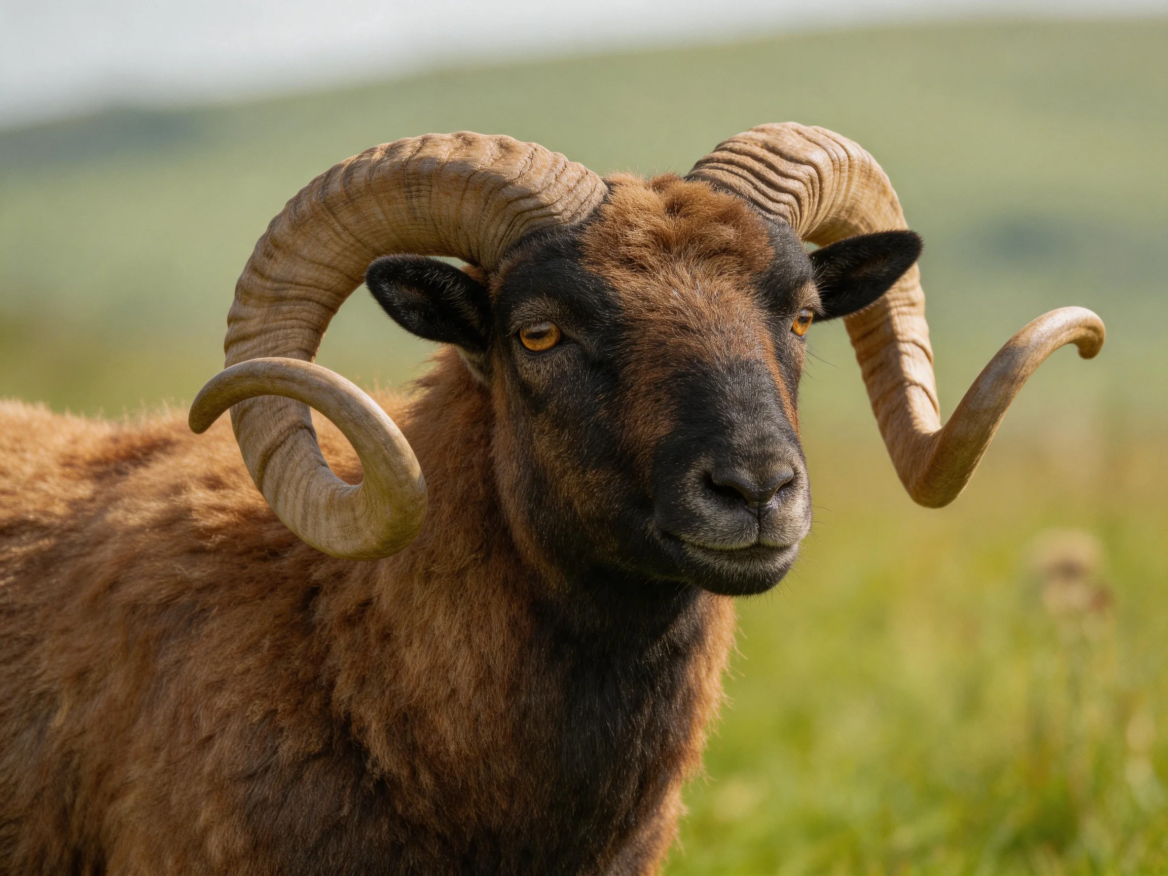 A brown-horned ram with large curved horns in a green meadow