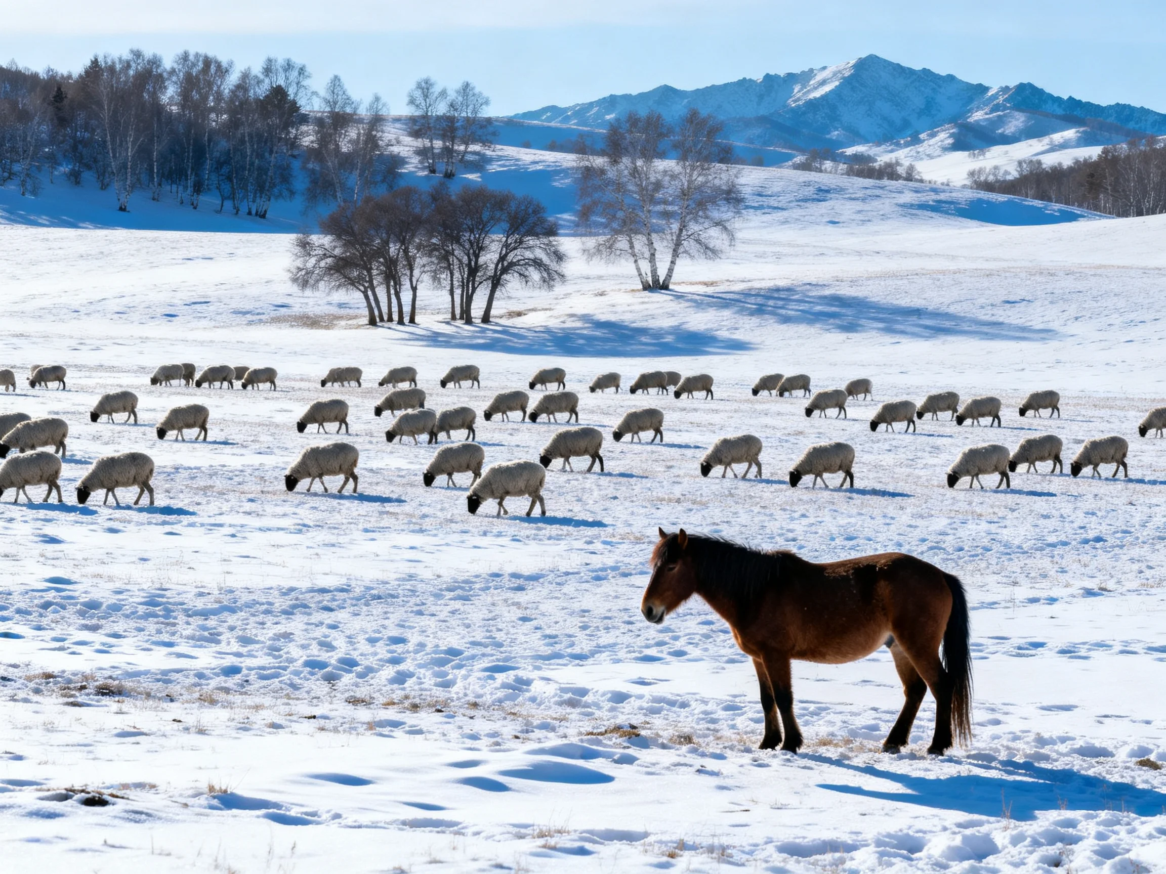 A brown horse stands near a flock of sheep in a snowy mountain field