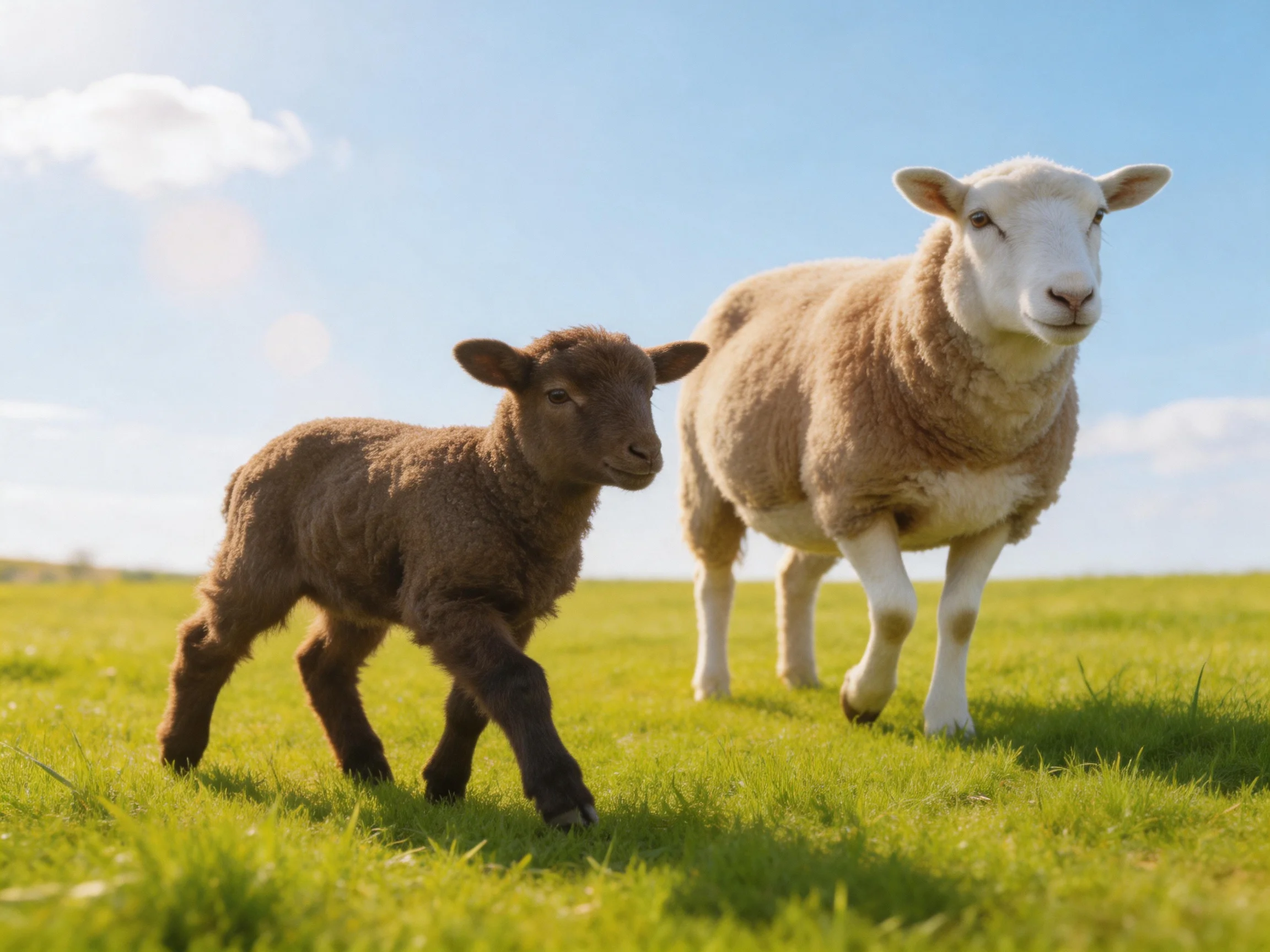 A brown lamb and tan adult sheep walk on green grass