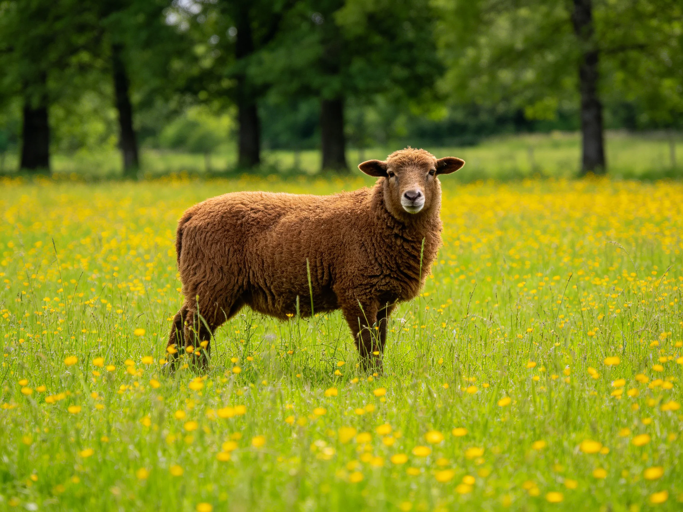 A brown lamb stands in a meadow of yellow flowers with green trees behind.