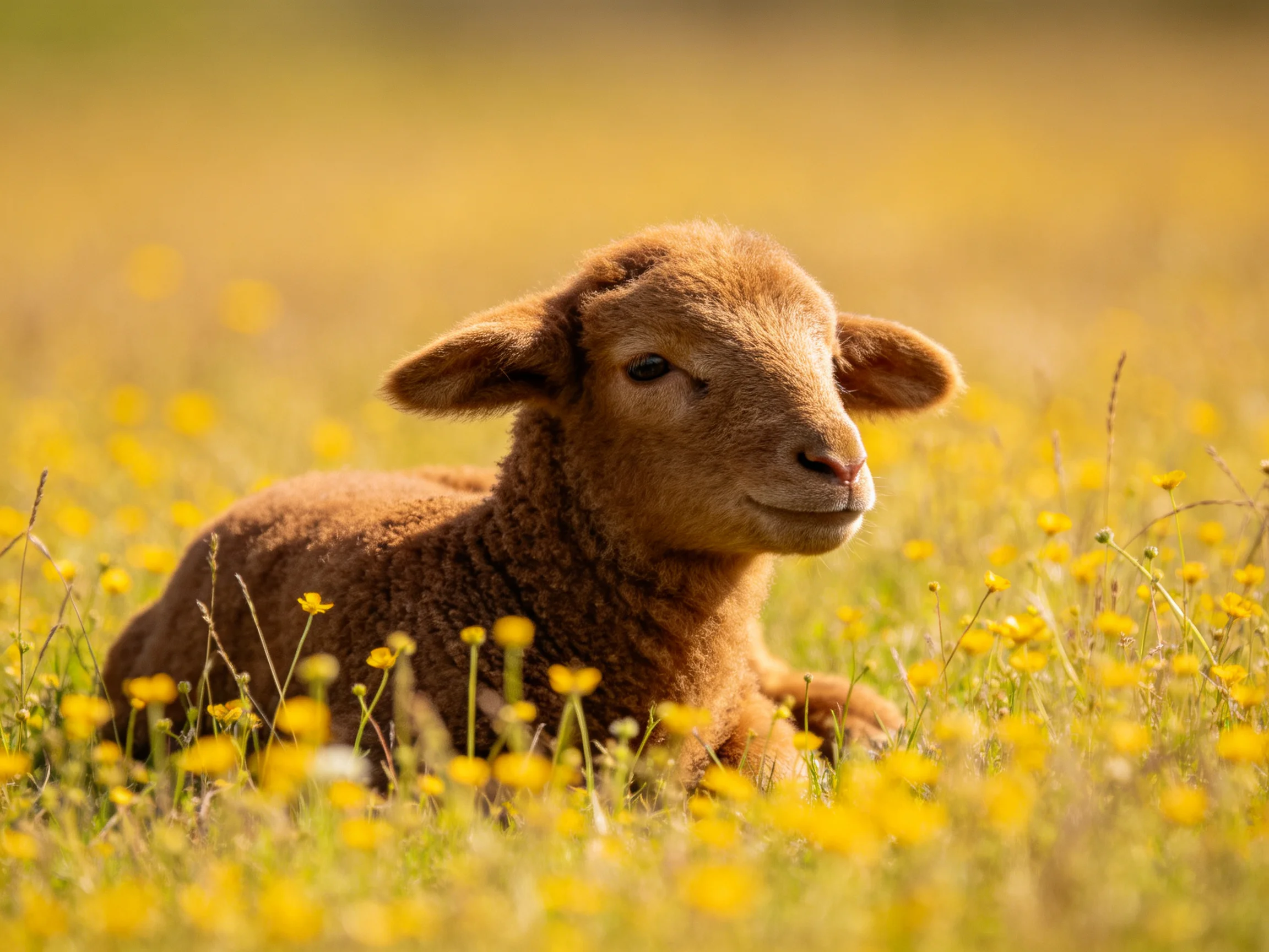 A brown lamb resting in a field of yellow wildflowers