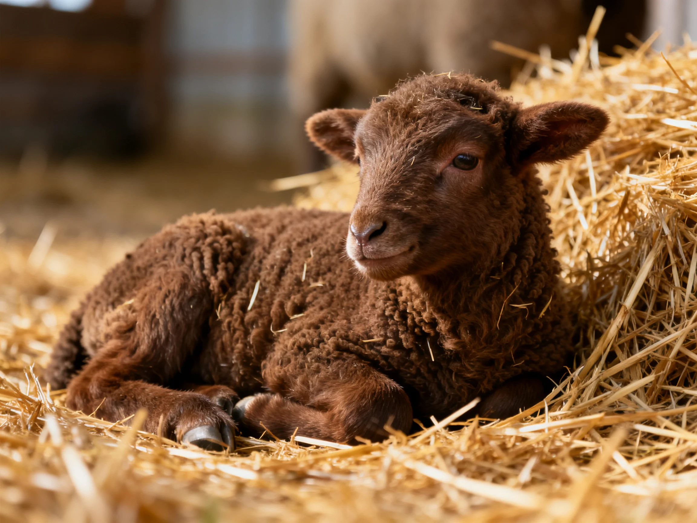 A brown lamb rests on golden straw bales in a barn