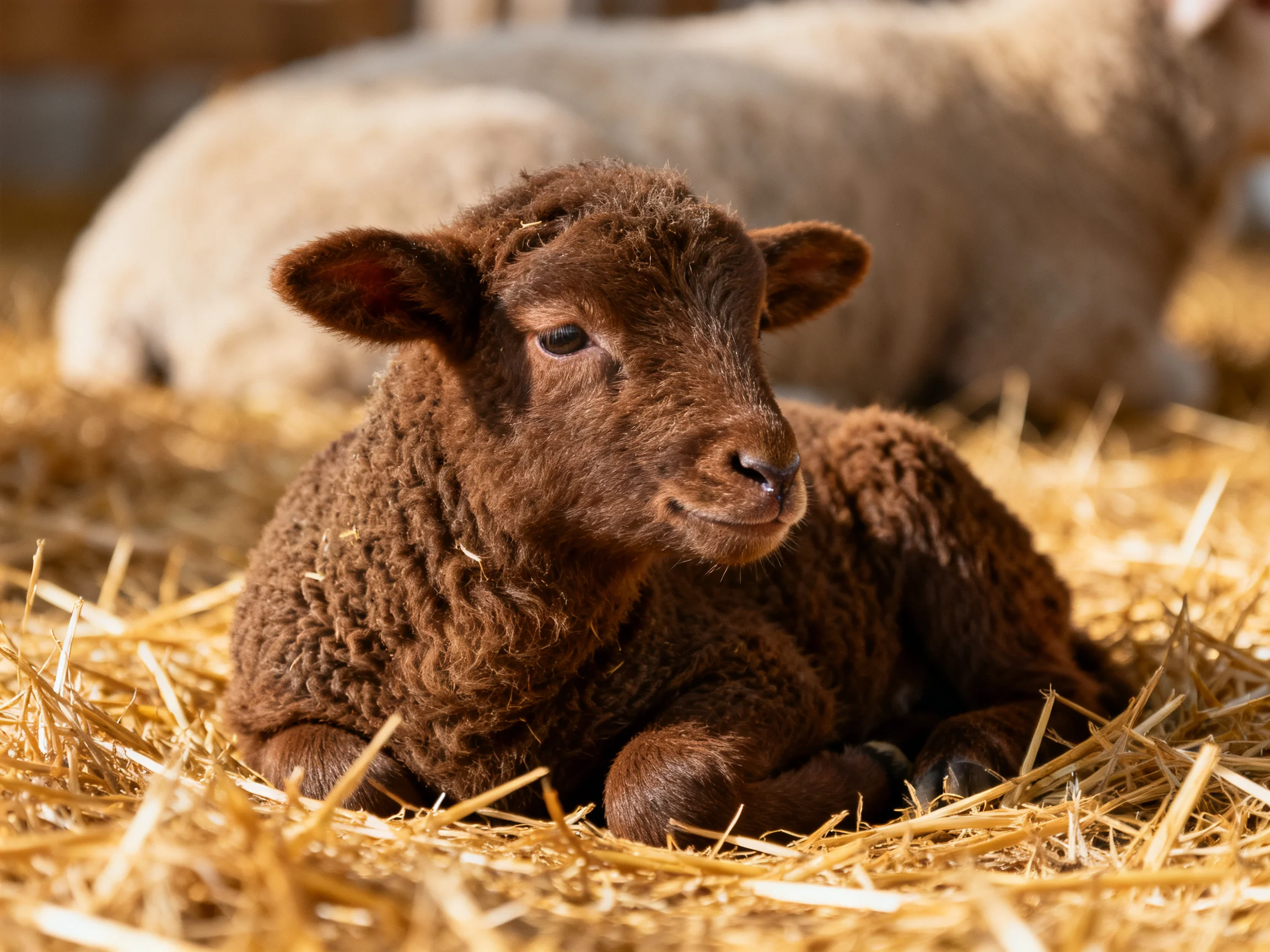 A brown lamb rests on golden straw near a white sheep