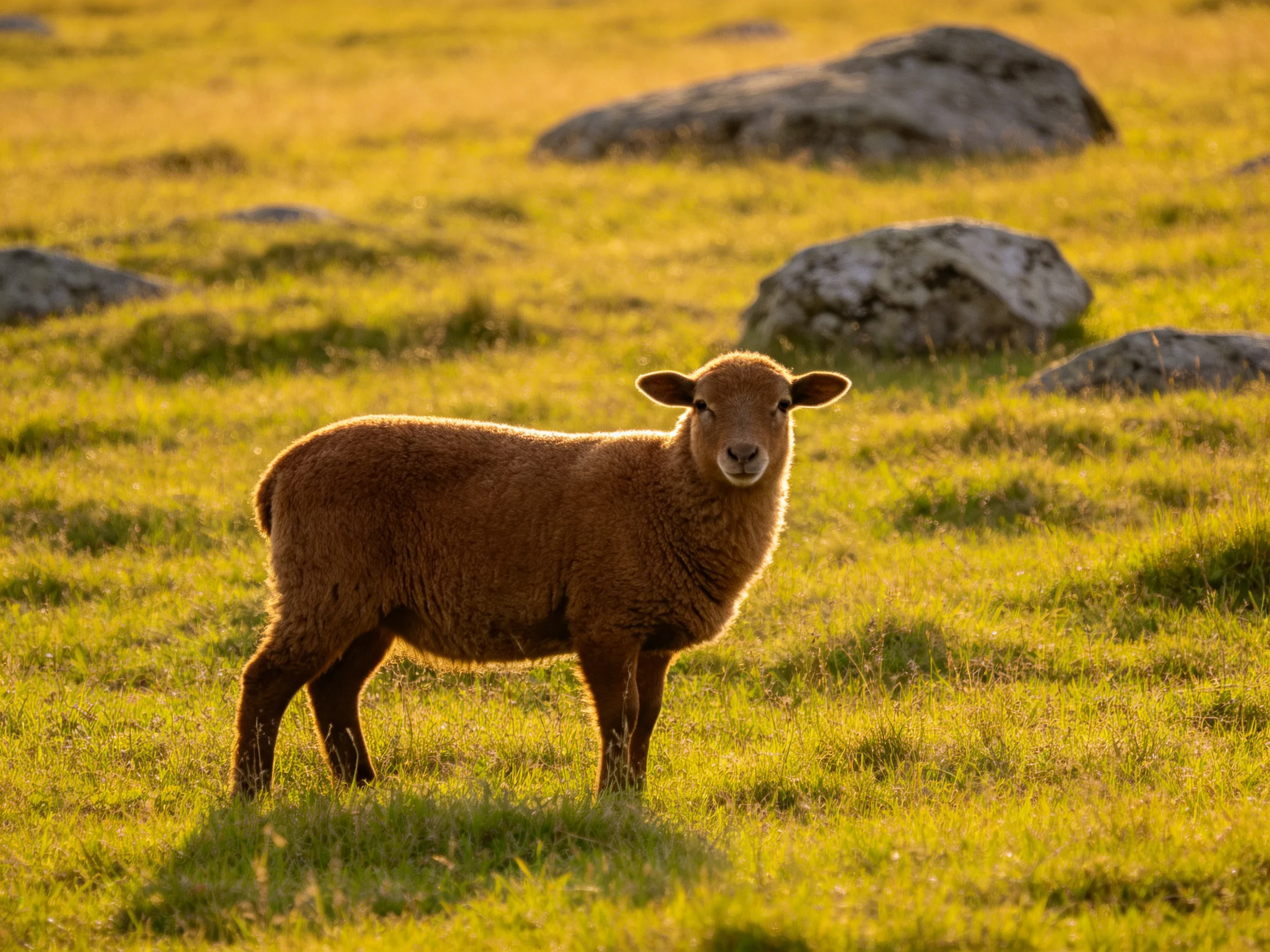 A brown lamb stands in a golden meadow with scattered rocks