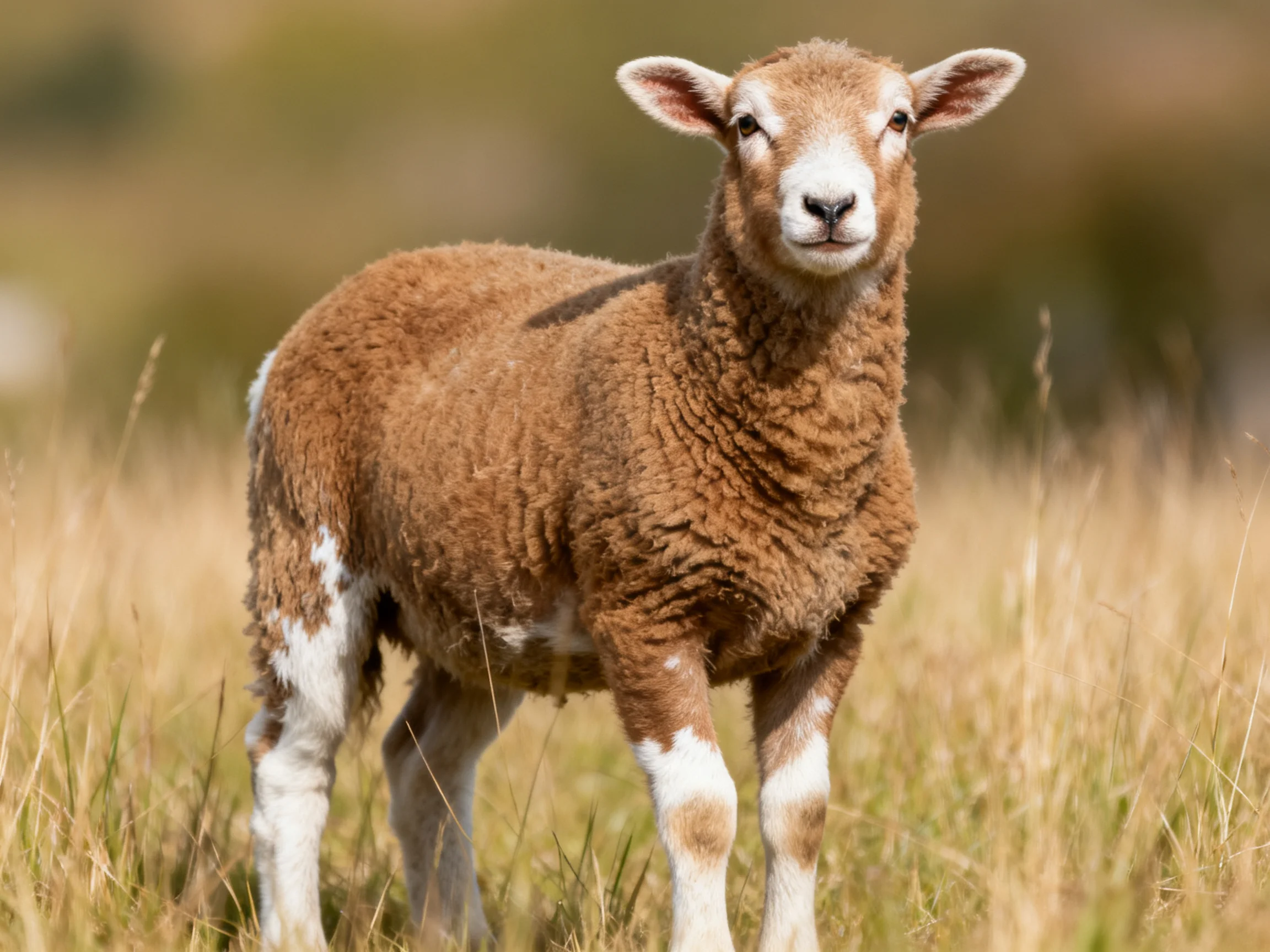 A brown lamb with white patches stands in golden grass
