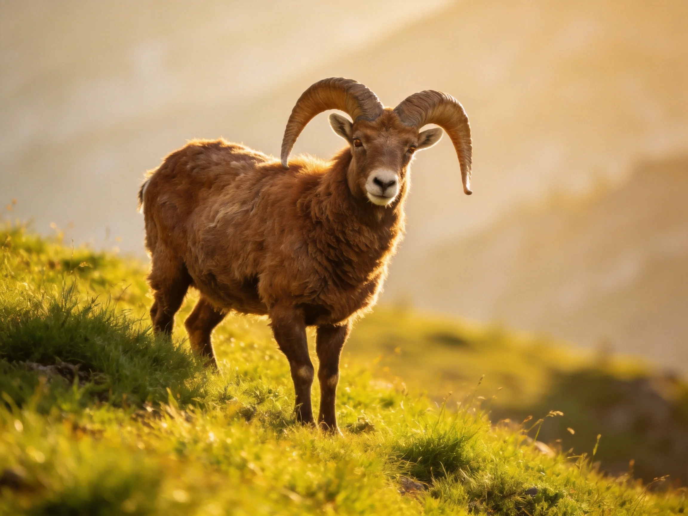 A brown mountain goat with large curved horns on a grassy hillside