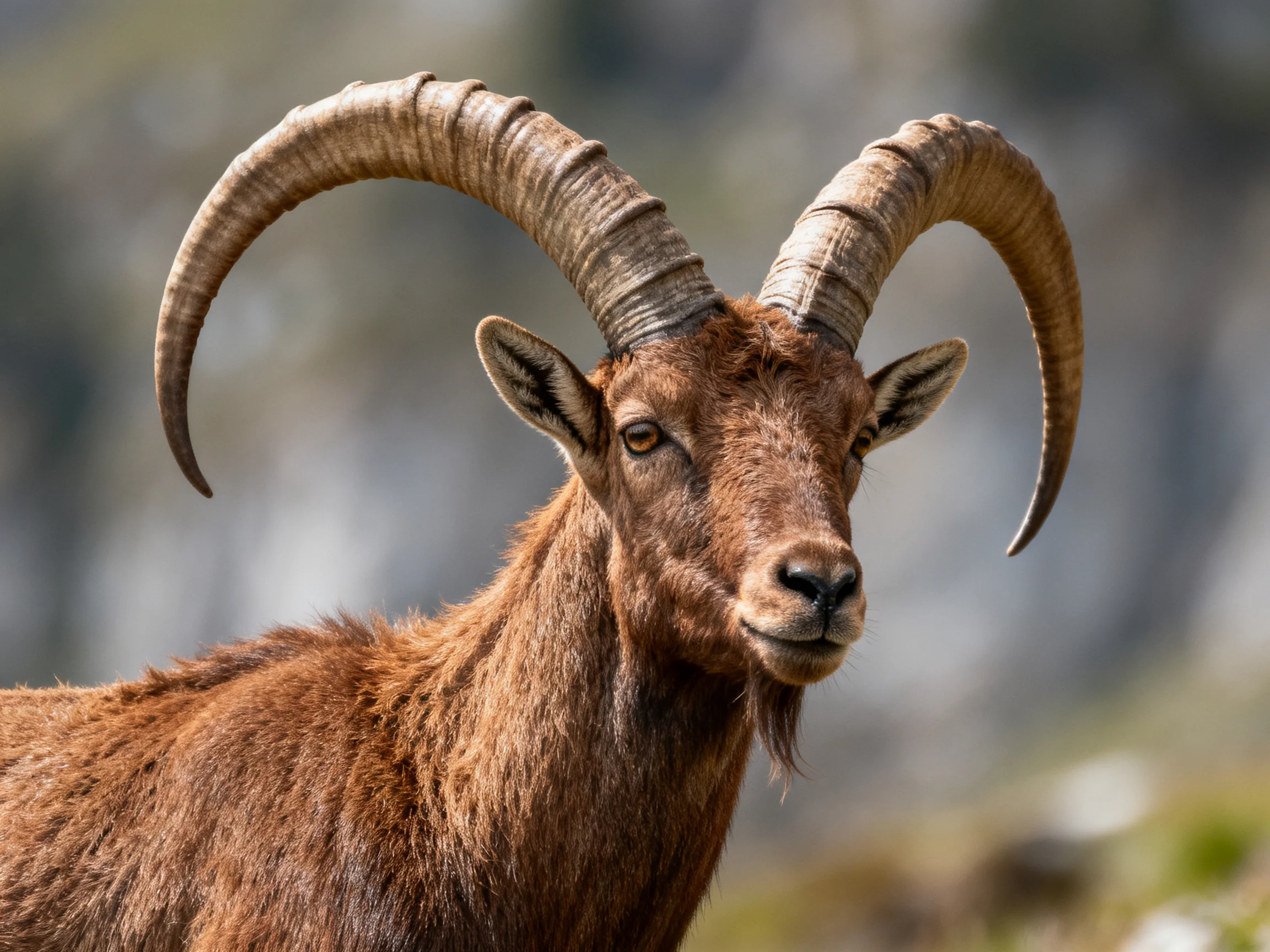 A brown mountain goat with large curved horns