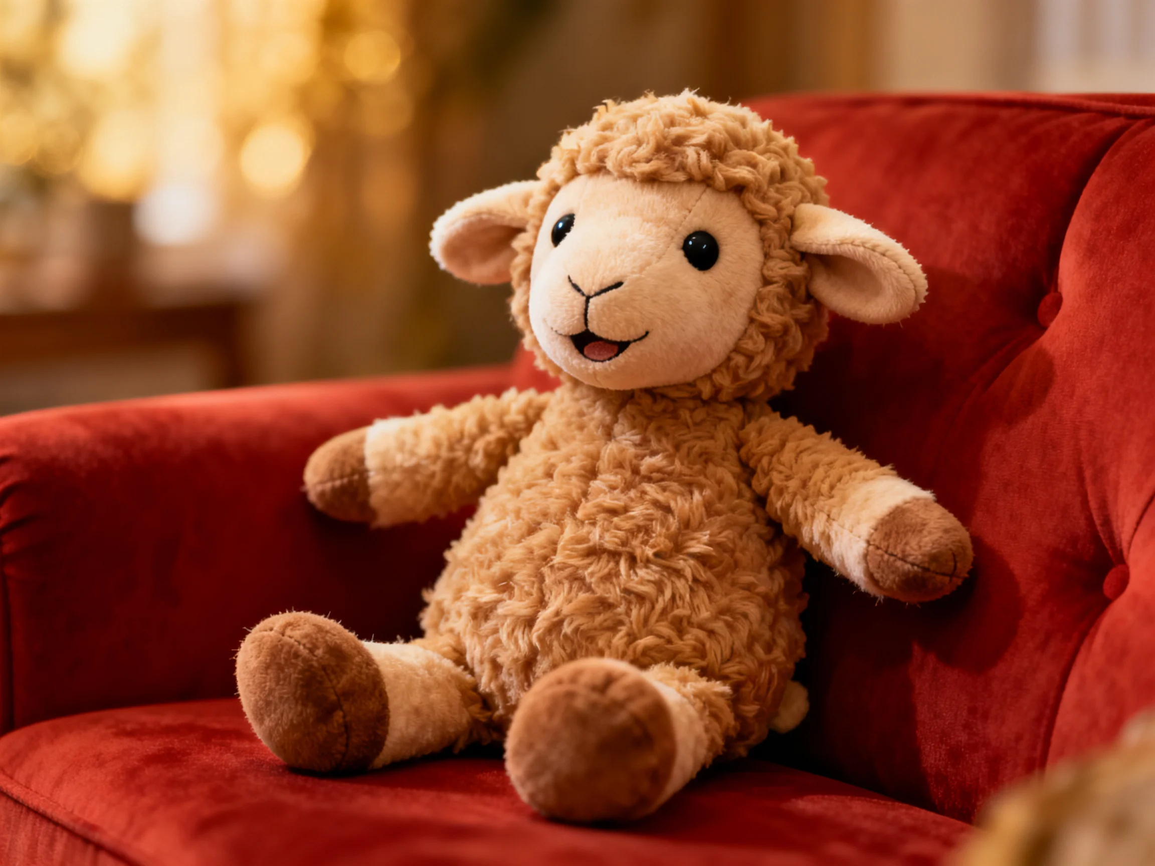 A brown plush lamb toy sitting on a red velvet armchair