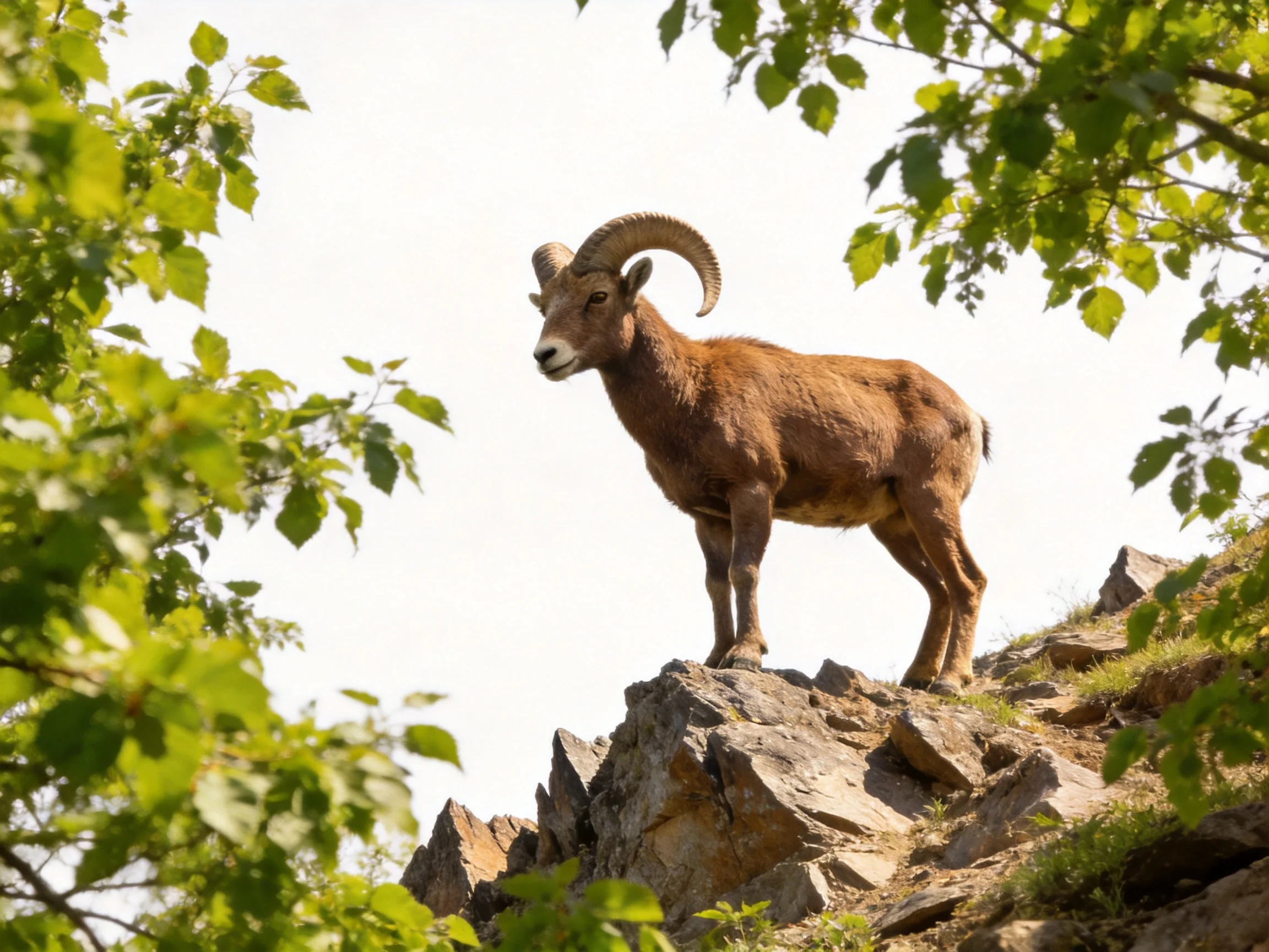 A brown ram stands on rocky cliffs with green trees