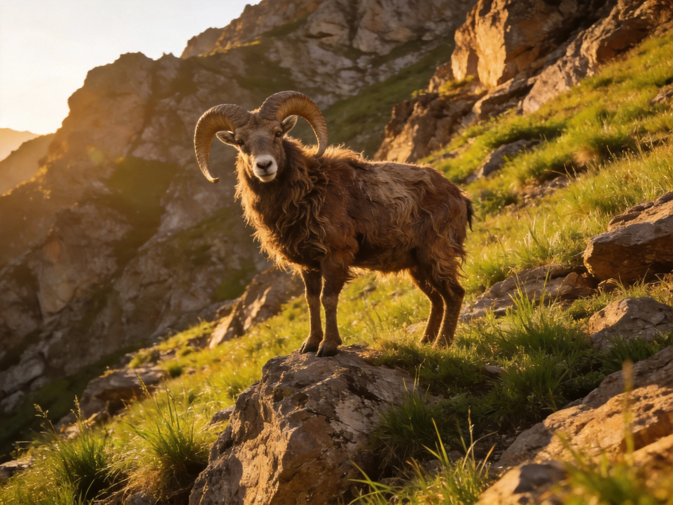 A brown ram stands on rocky terrain with green slopes