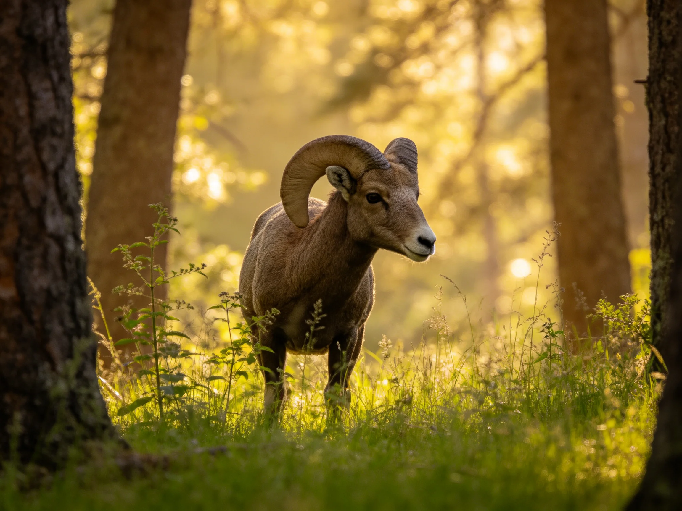 A brown ram with curved horns in a sunlit forest