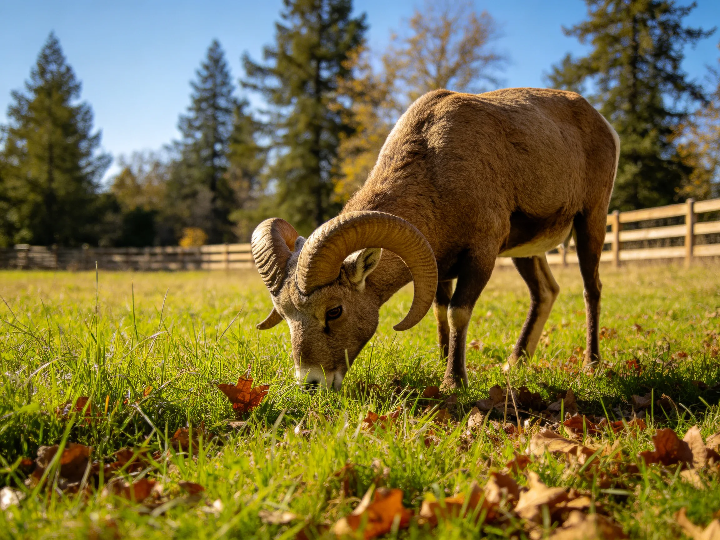 A brown ram with large curved horns grazing in a sunlit meadow