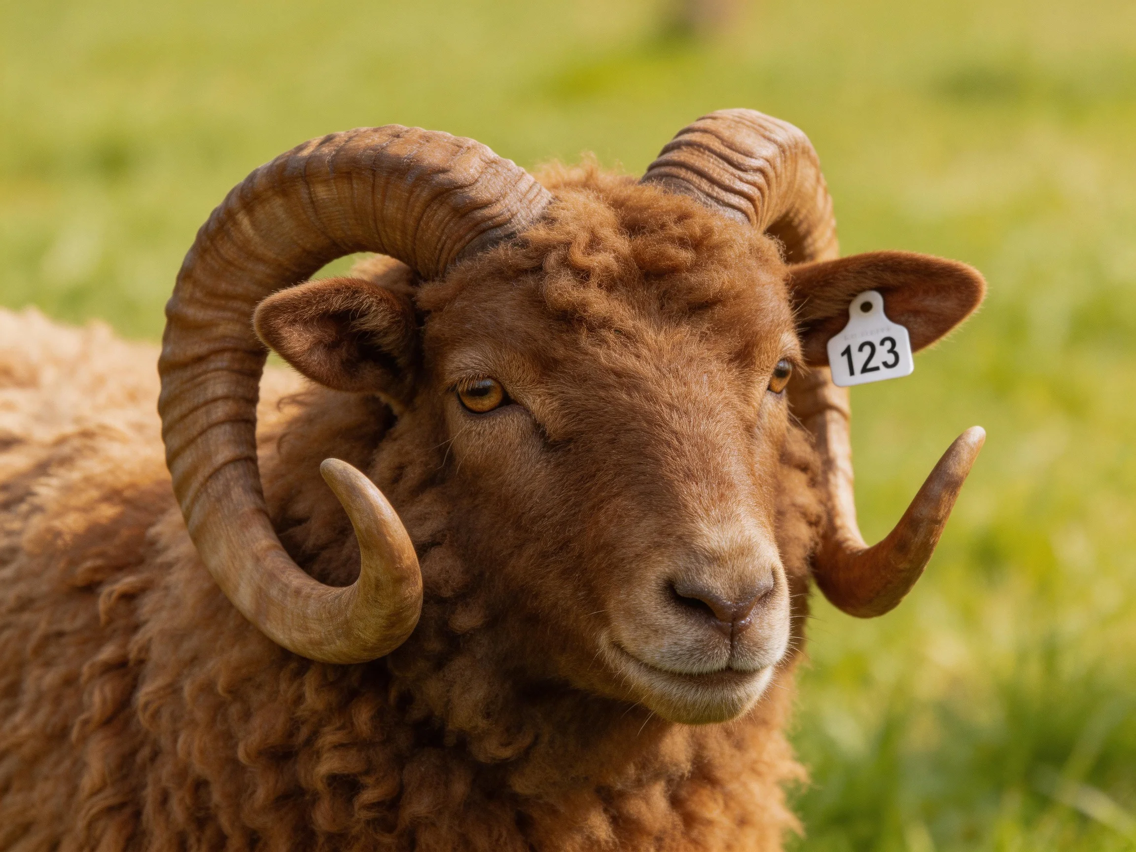 A brown ram with large curved horns has an ear tag numbered 123