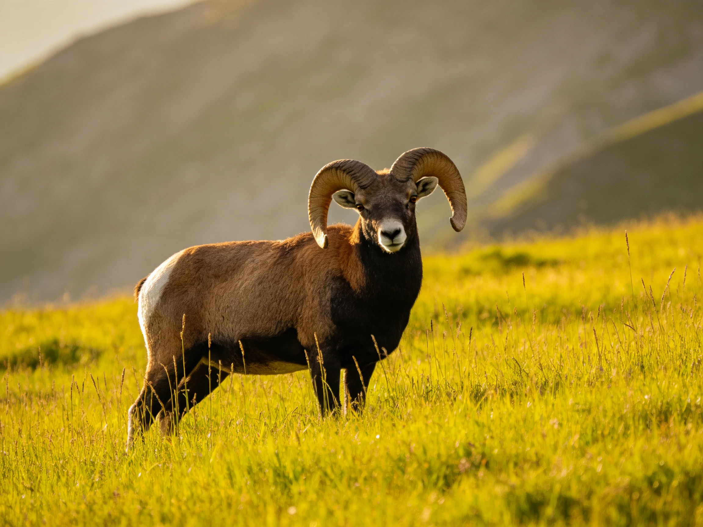 A brown ram with large curved horns in golden grass