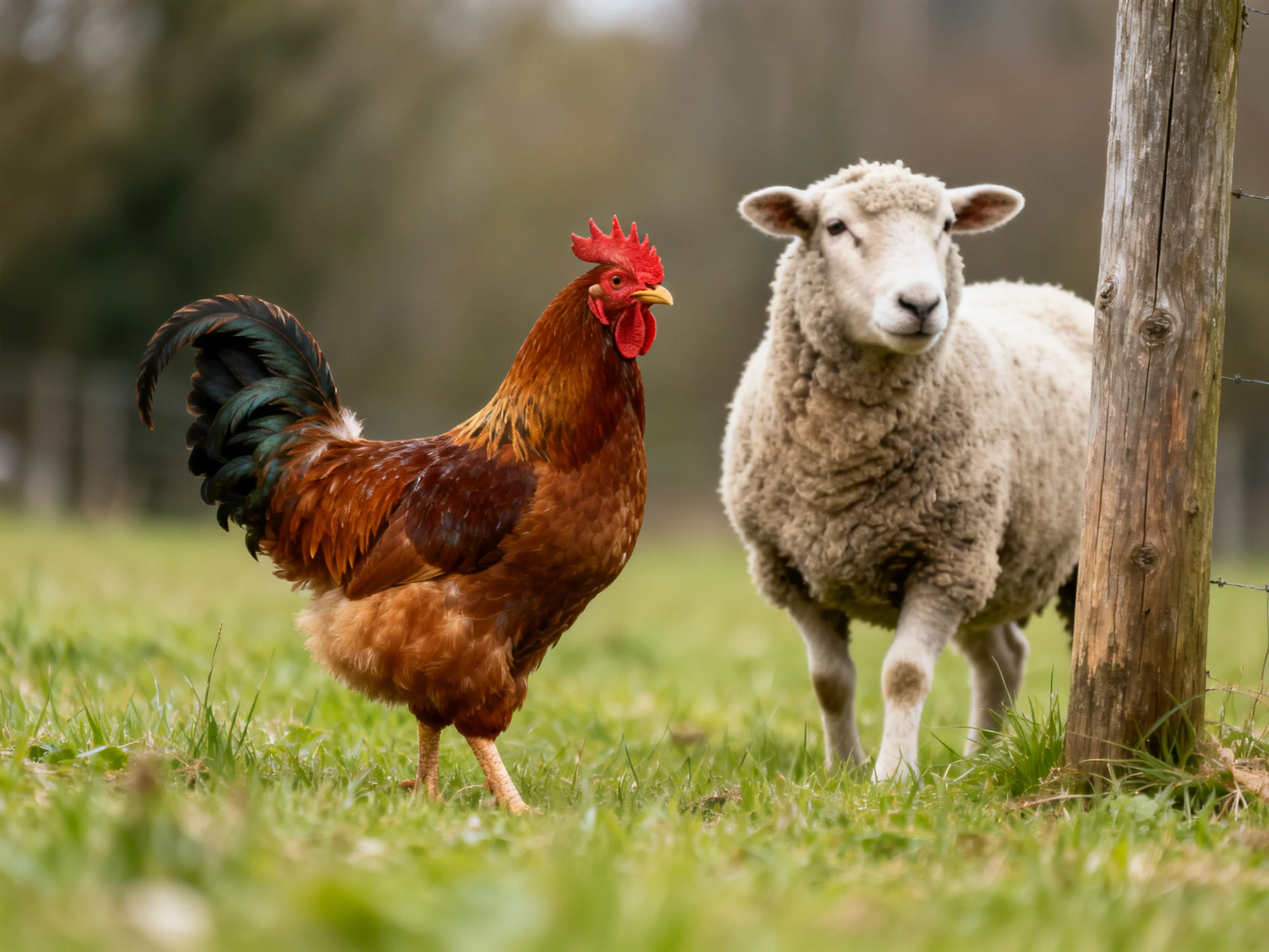 A brown rooster and white sheep near a wooden post in a green meadow