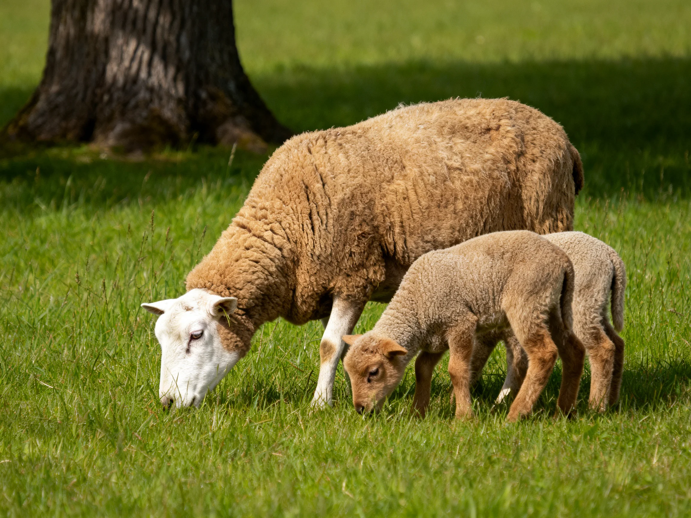 A brown sheep and two lambs graze in a green meadow near a tree