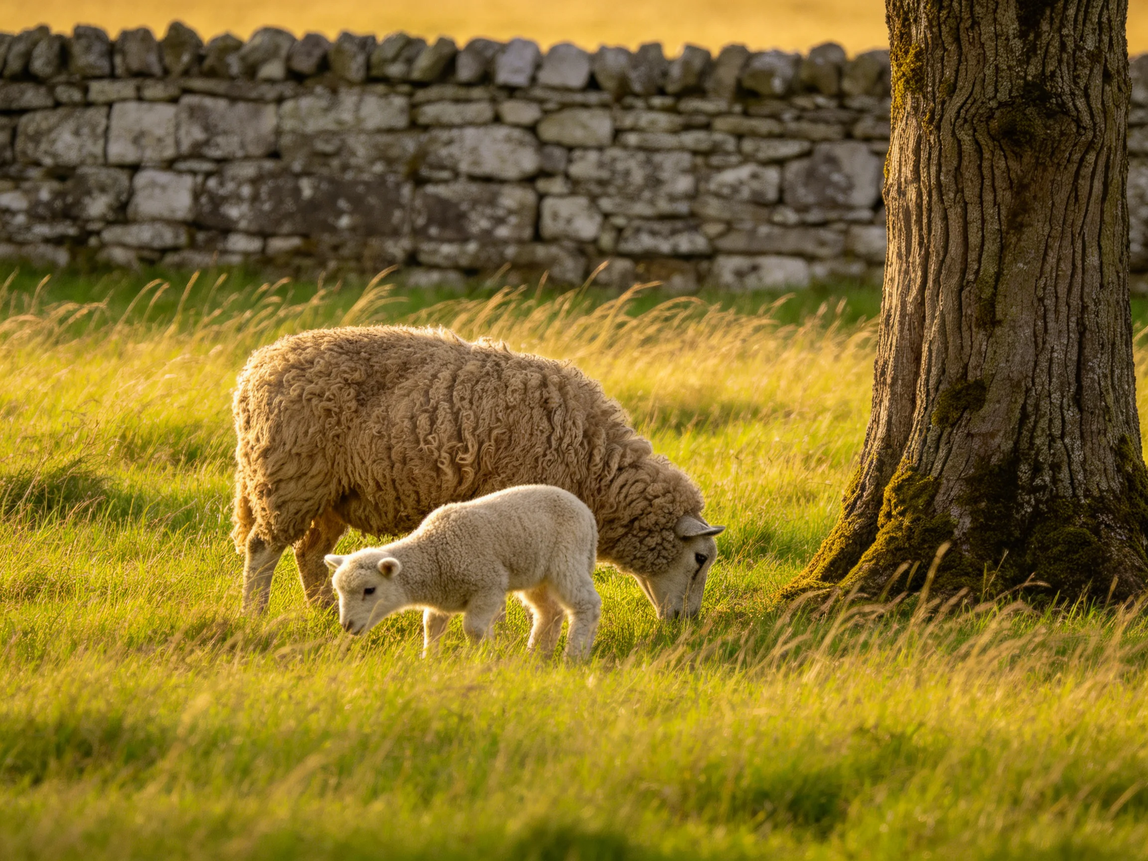 A brown sheep and white lamb graze by a mossy tree near a gray stone wall