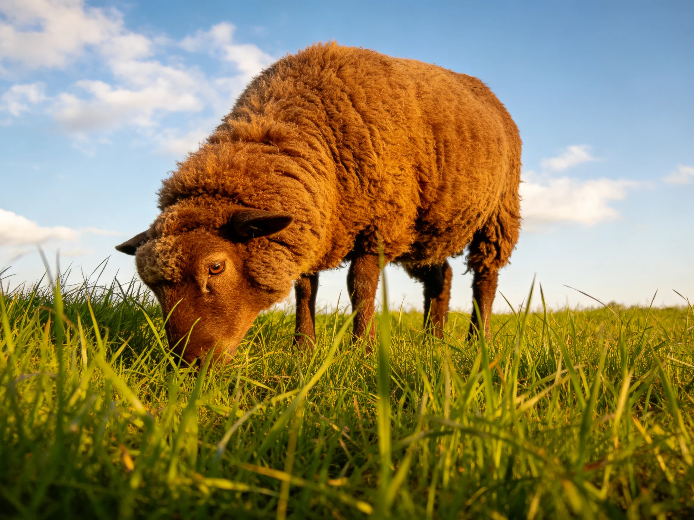 A brown sheep grazes in lush green grass beneath a clear blue sky
