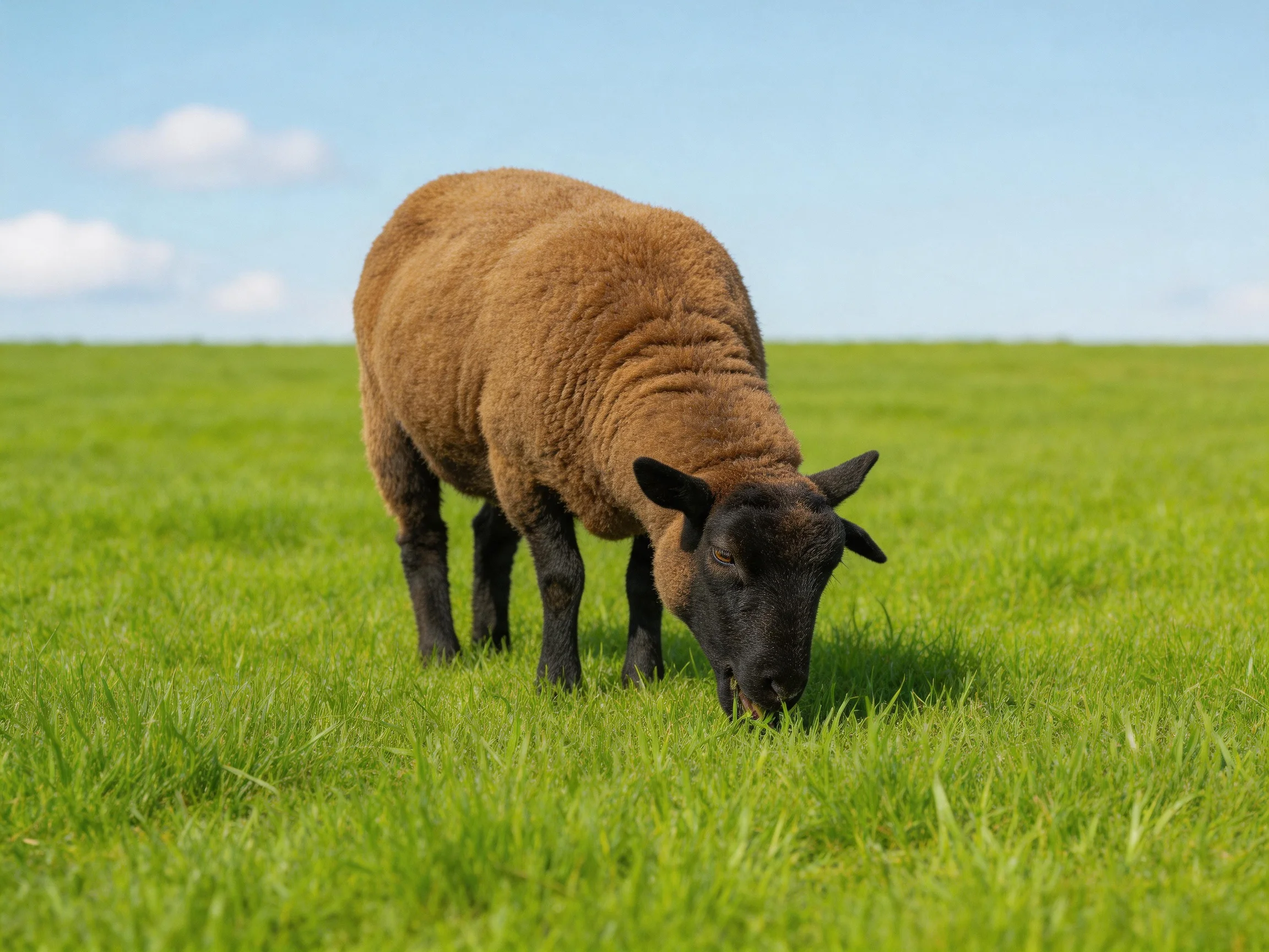 A brown sheep grazes in lush green grass under a clear blue sky