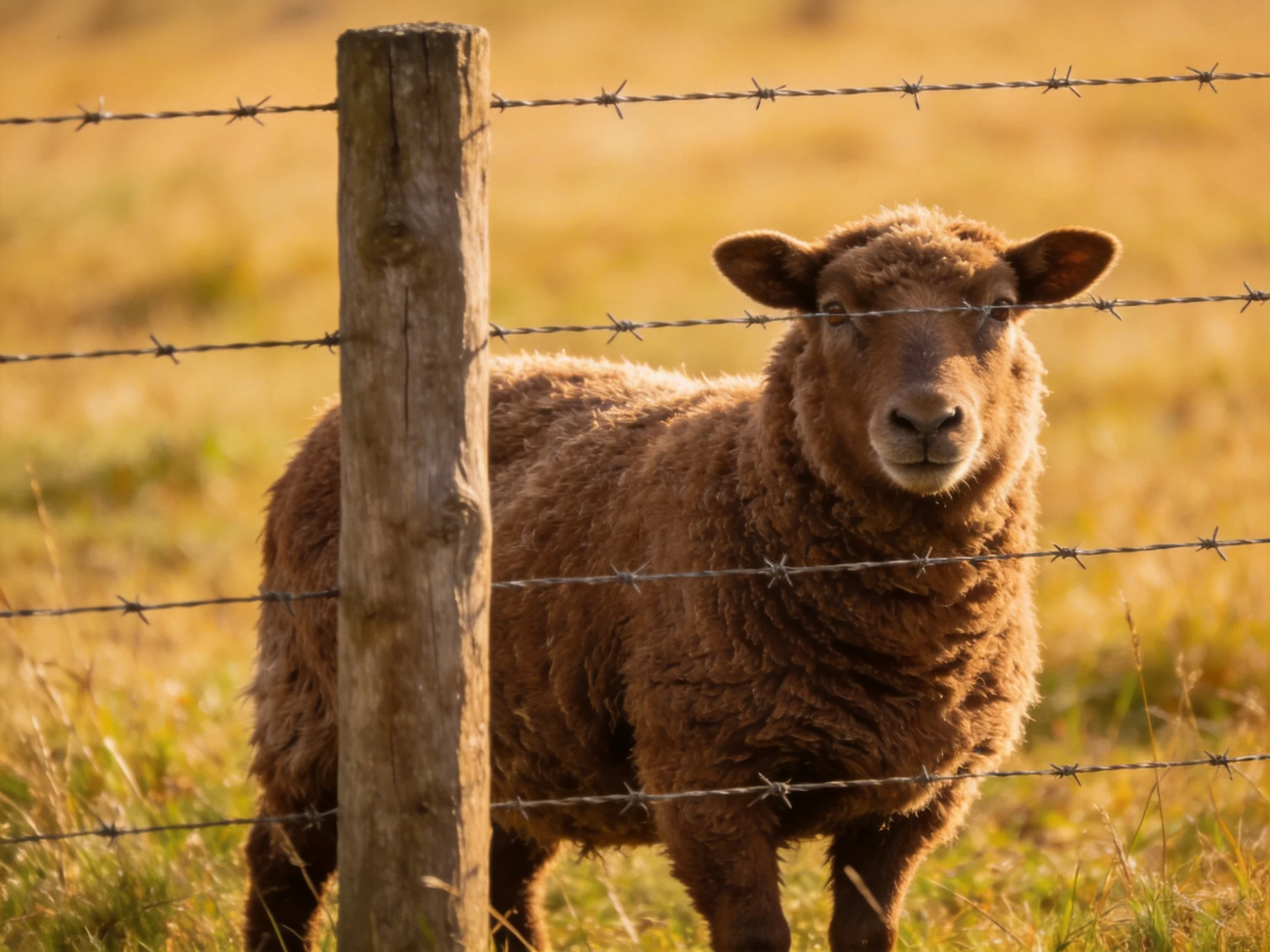 A brown sheep near a wooden post with barbed wire fence in a golden field