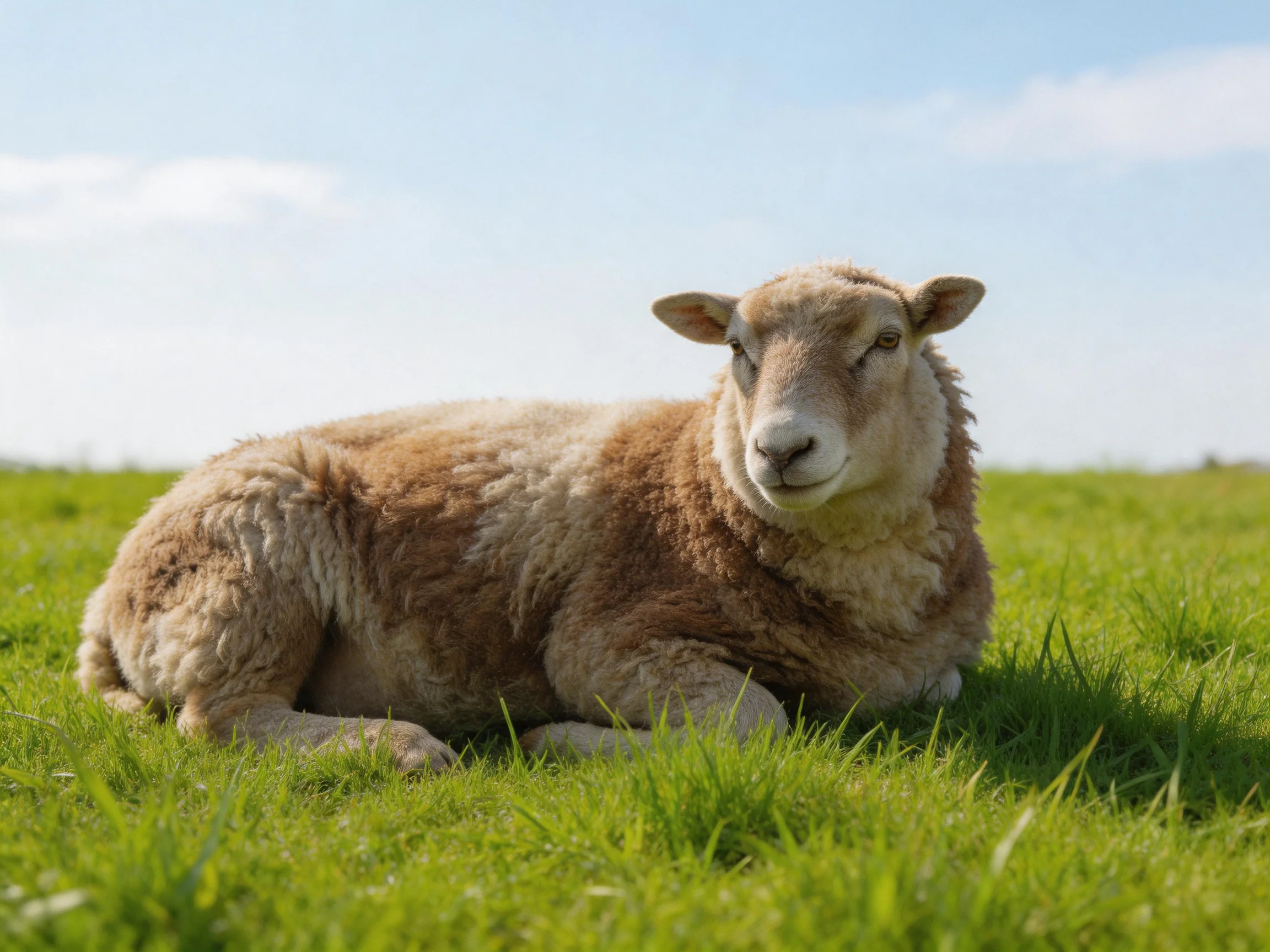 A sheep relaxes in a sunlit meadow with green grass.