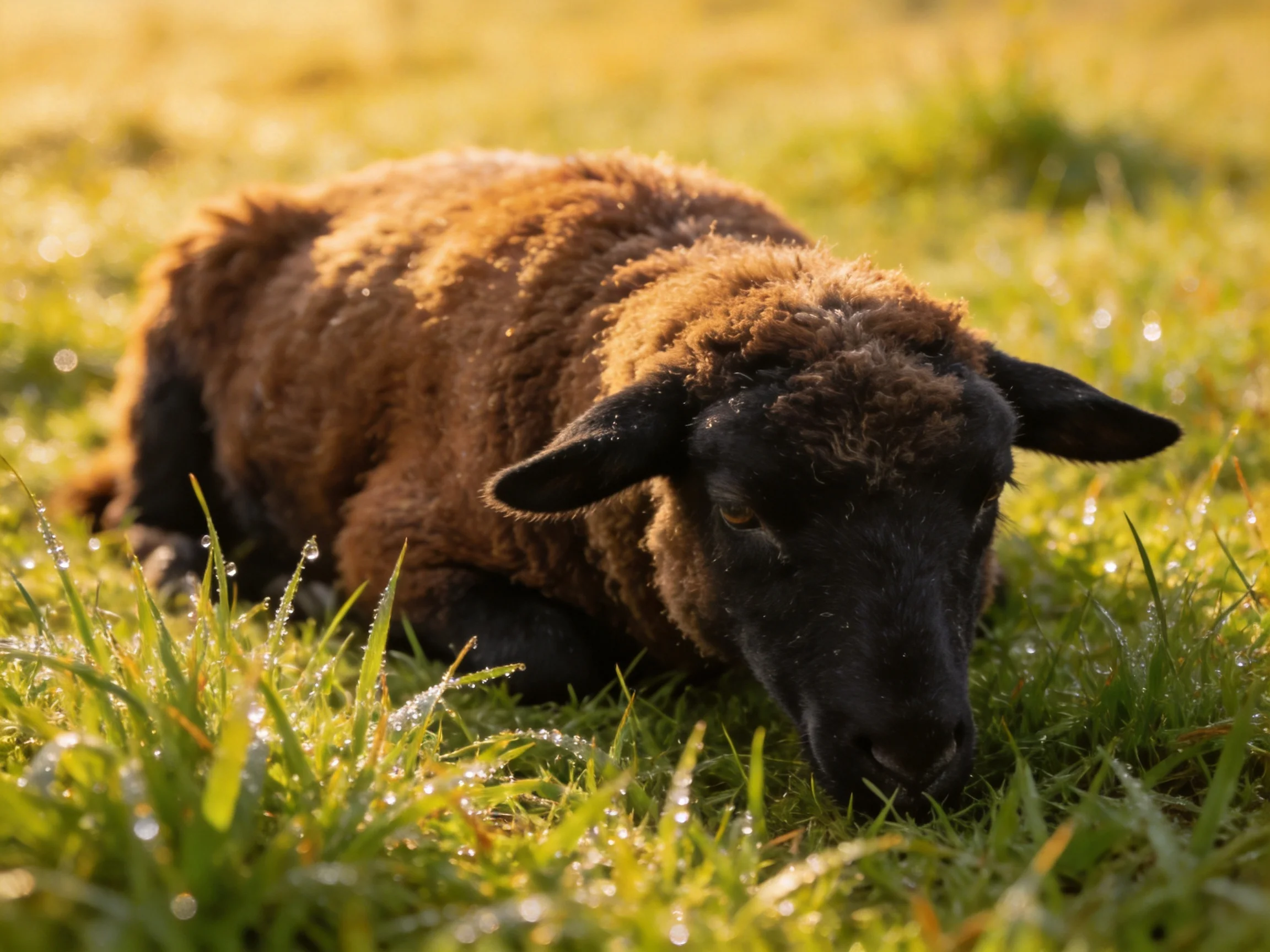 A brown sheep rests on dewy green grass in golden light