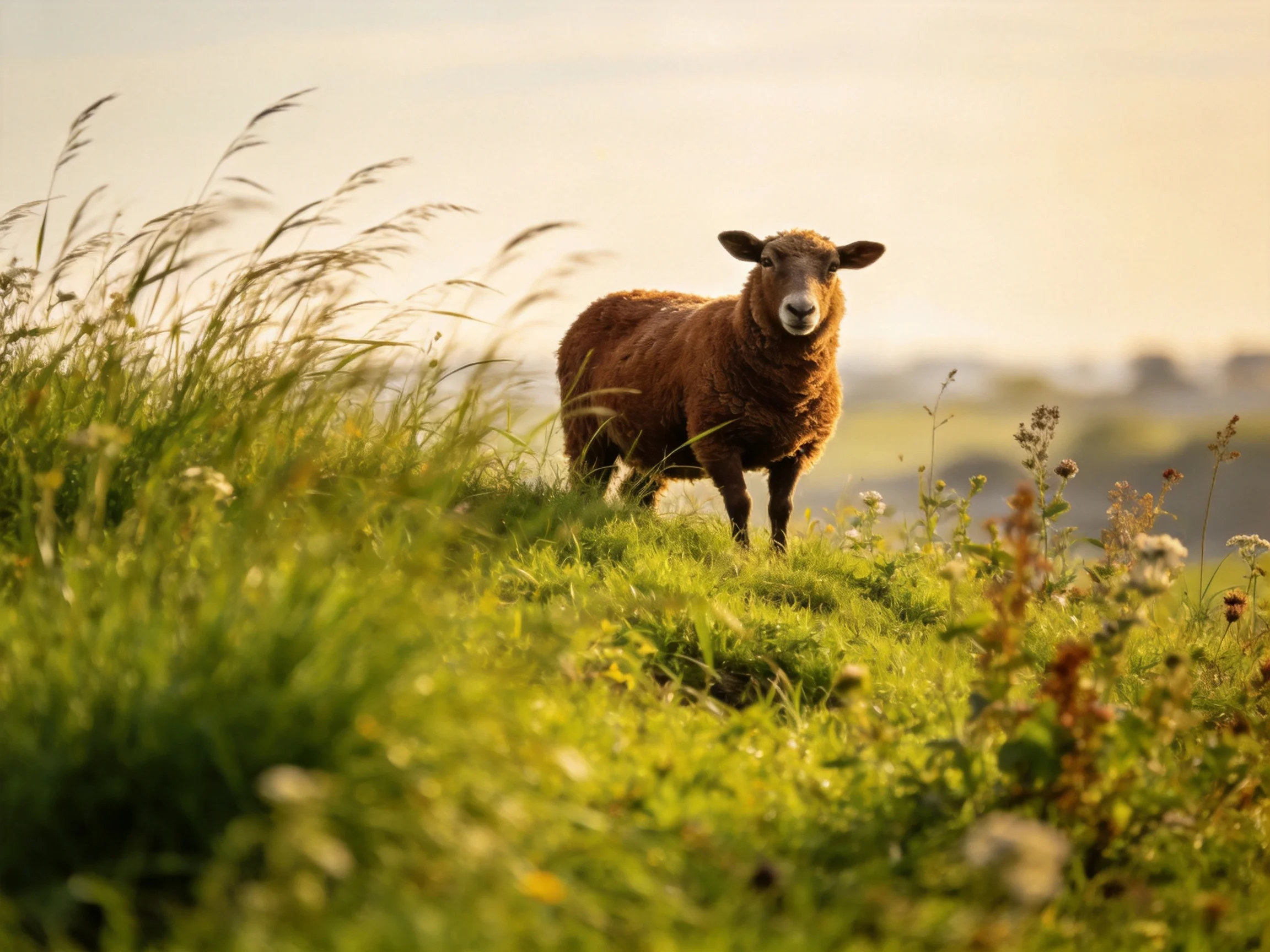 A brown sheep stands among vibrant green grasses under golden sunlight