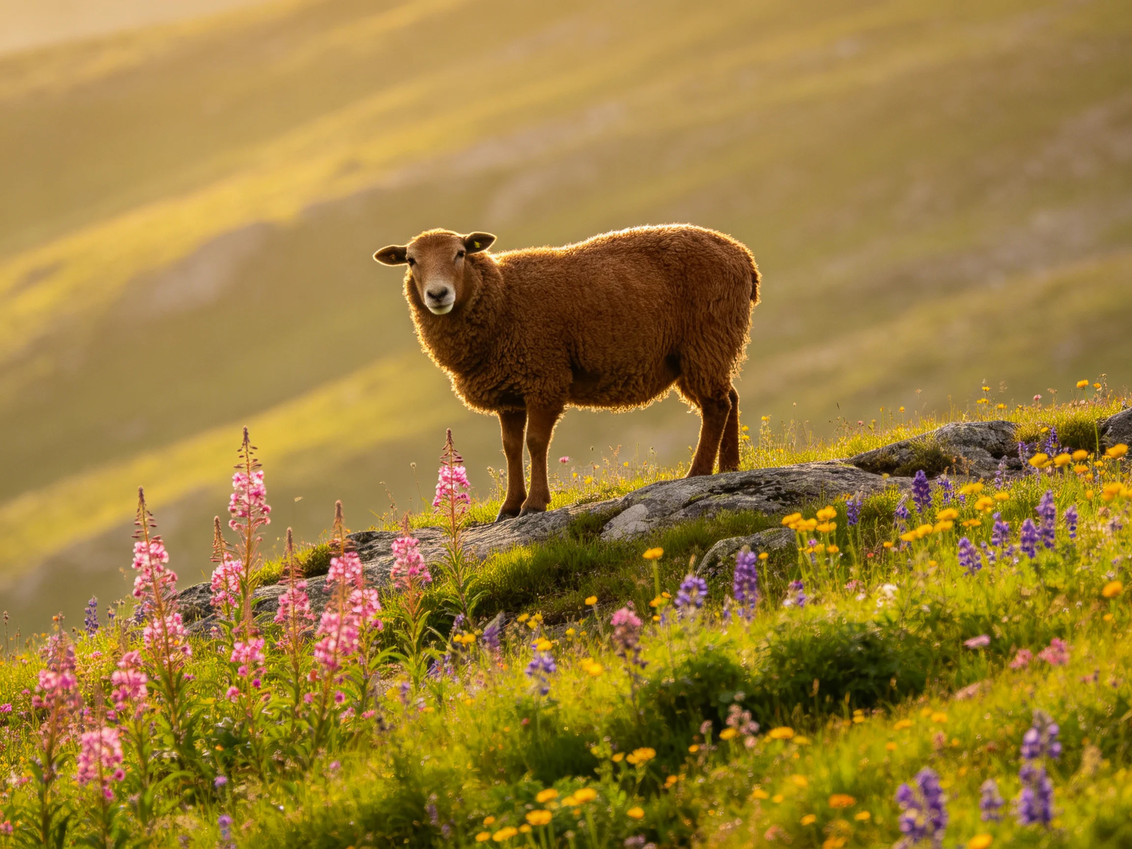 A brown sheep stands among vibrant wildflowers on rocky terrain