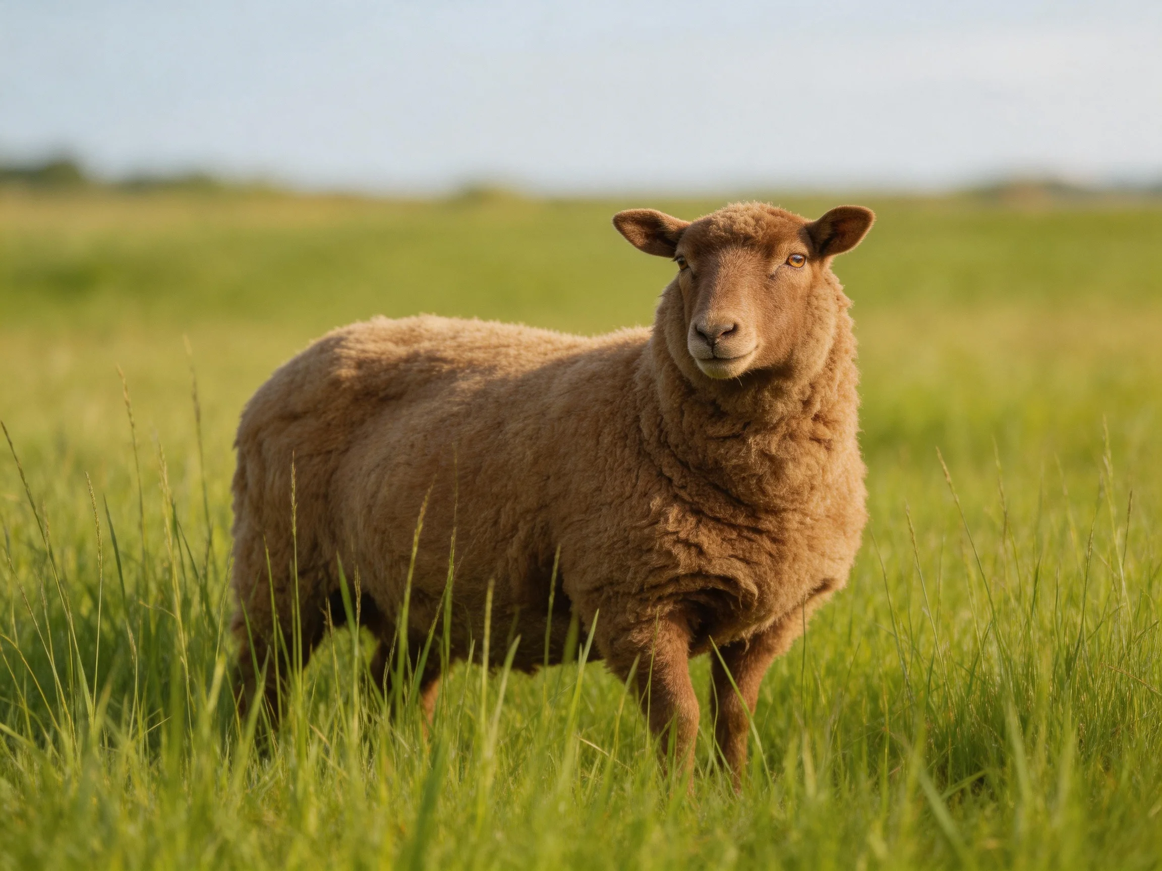 A brown sheep stands in a lush green meadow under clear sky – wait, no, need to not repeat. Correcting: A brown sheep stands in a lush green meadow.