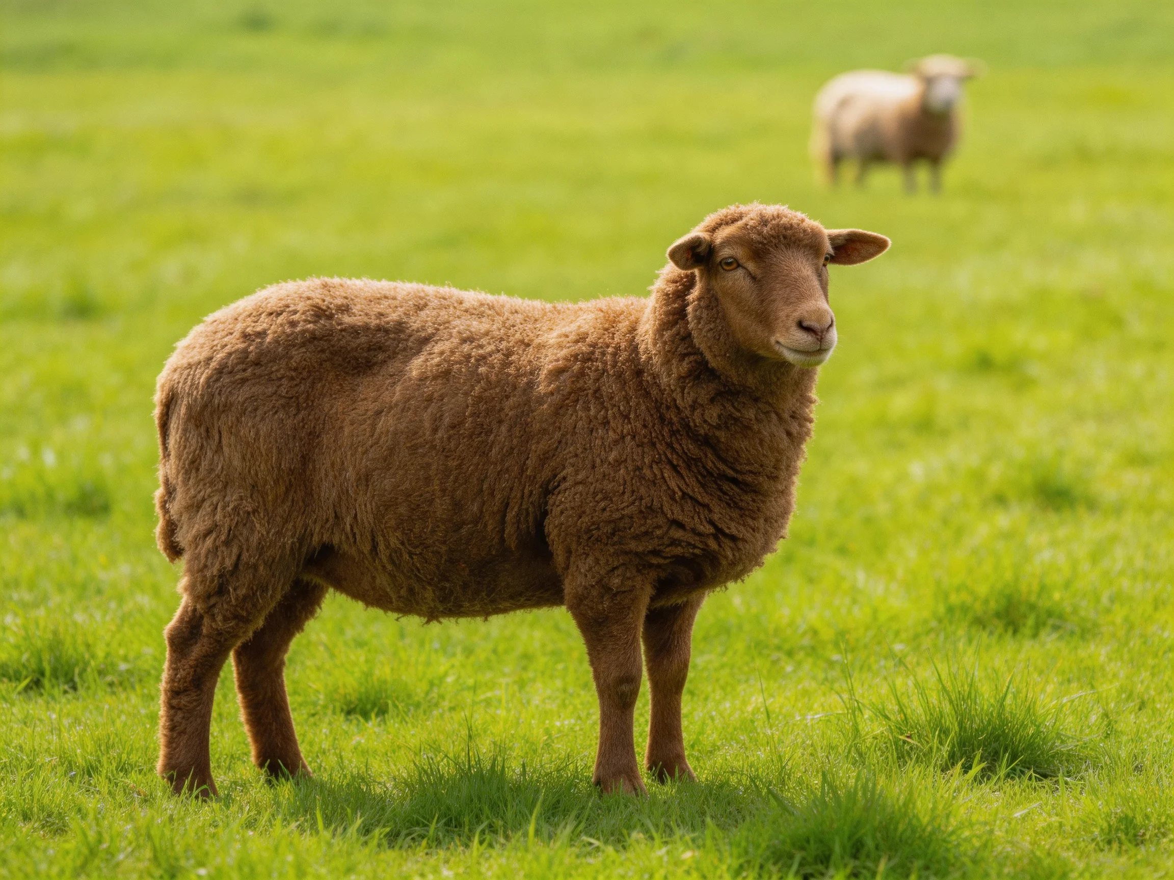 A brown sheep is shown in a green pasture with a distant sheep.