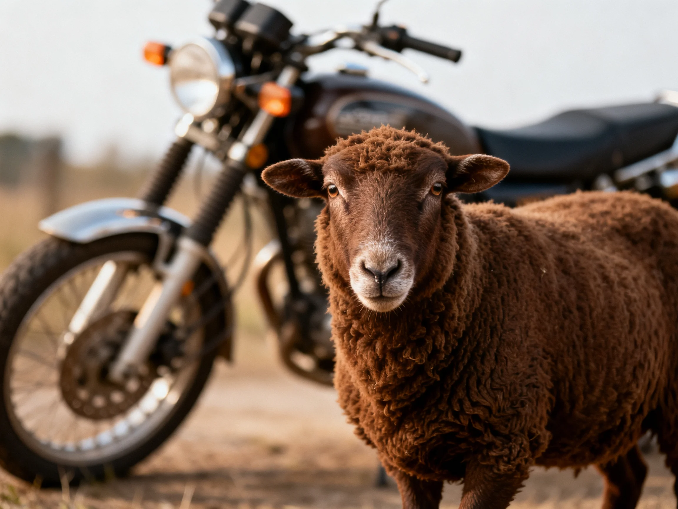 A brown sheep is positioned beside a black motorcycle in an open area.