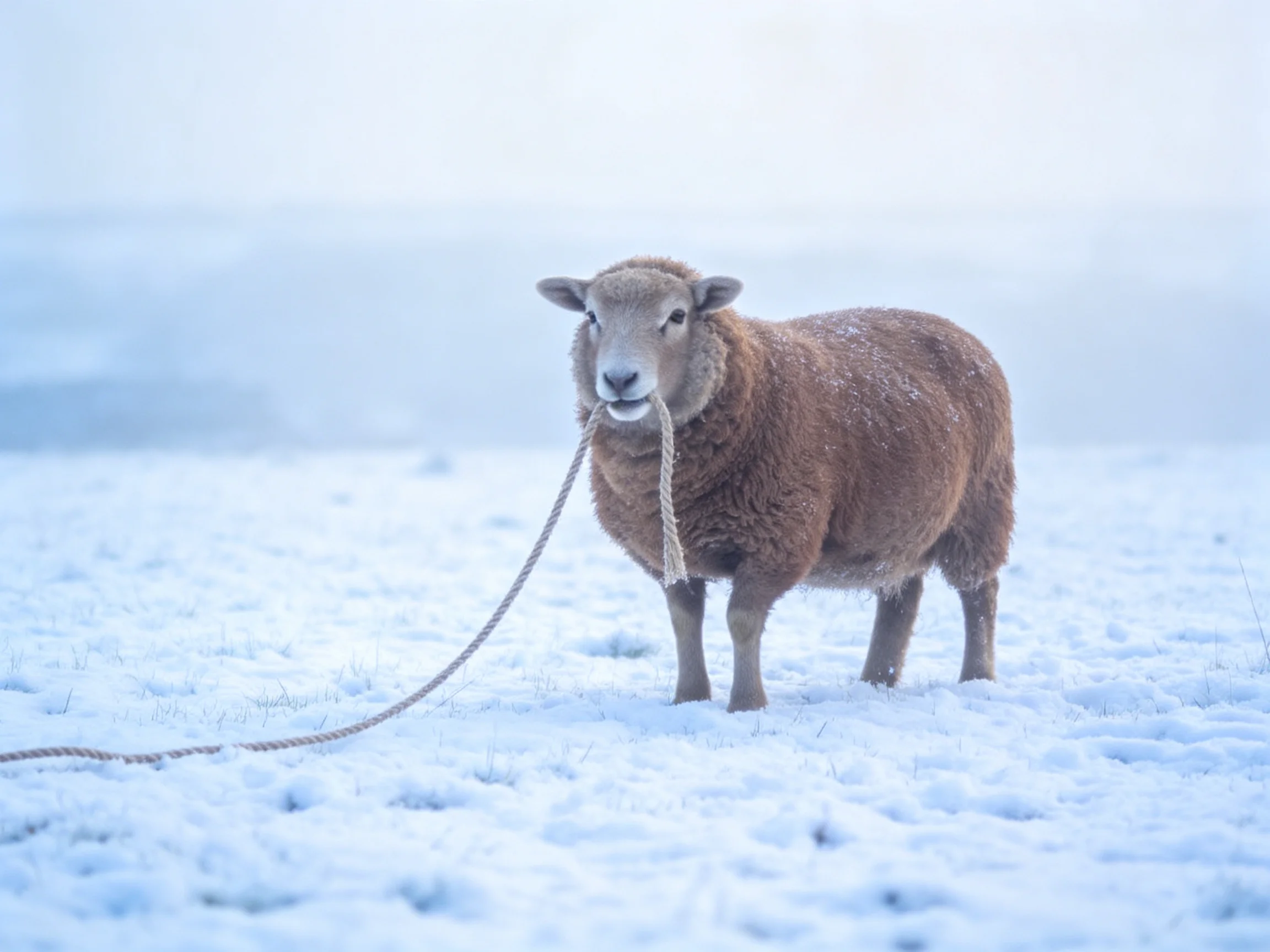 A brown sheep tied with a rope in a snowy field
