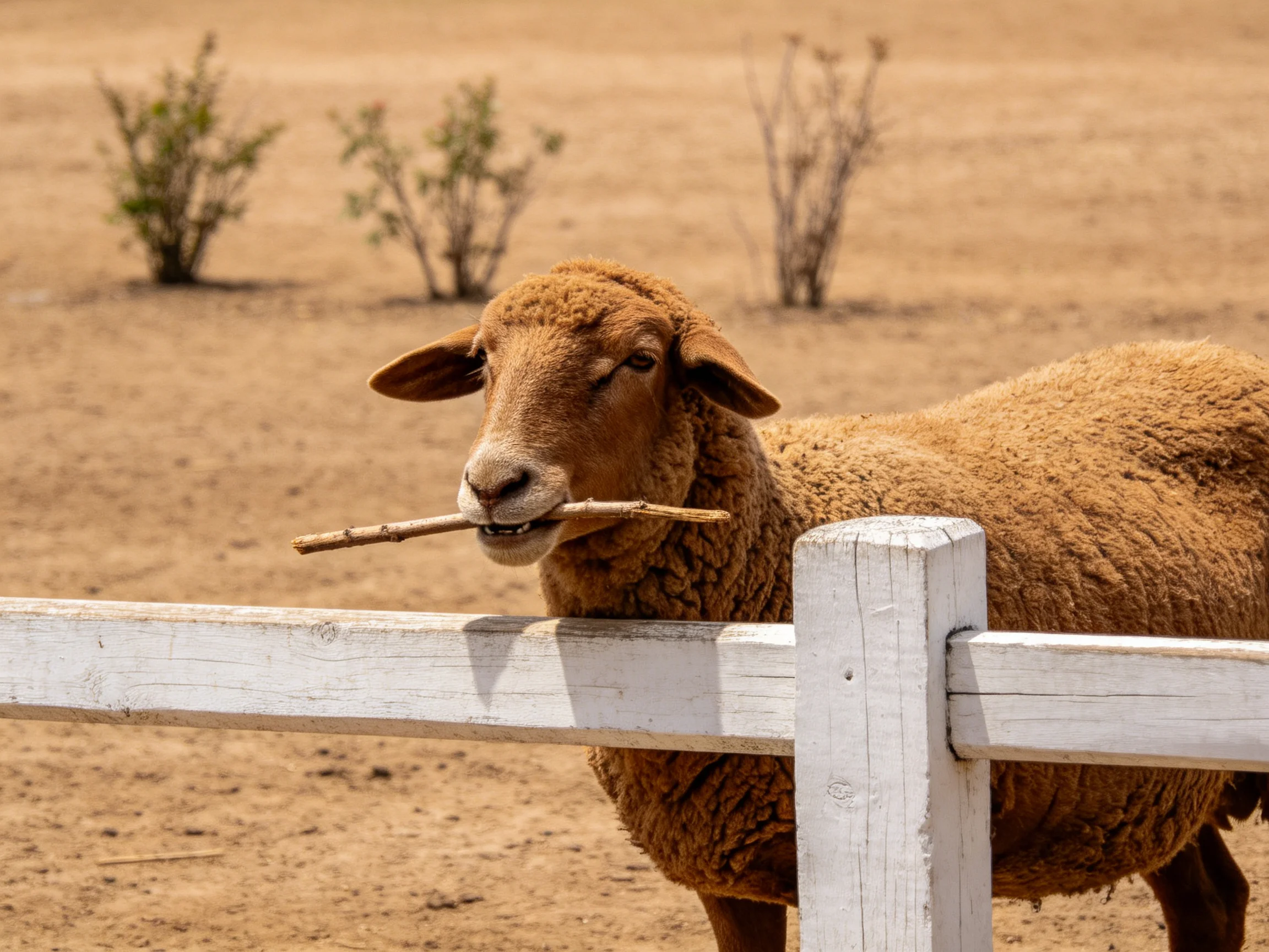 A brown sheep with a stick near a white fence on sandy terrain