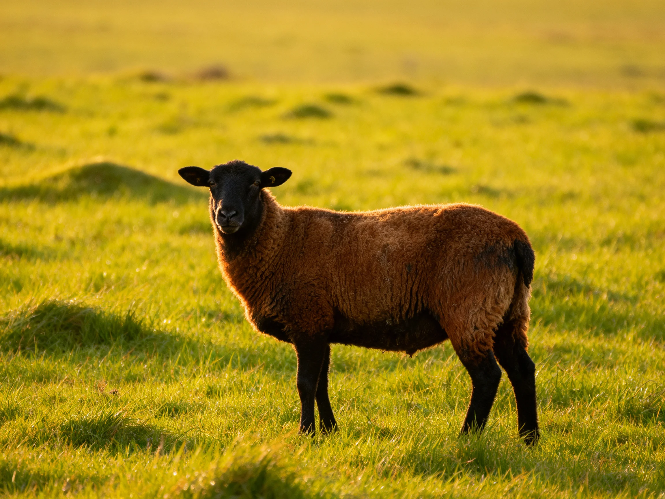 A brown sheep with black accents stands in a sunlit green field.