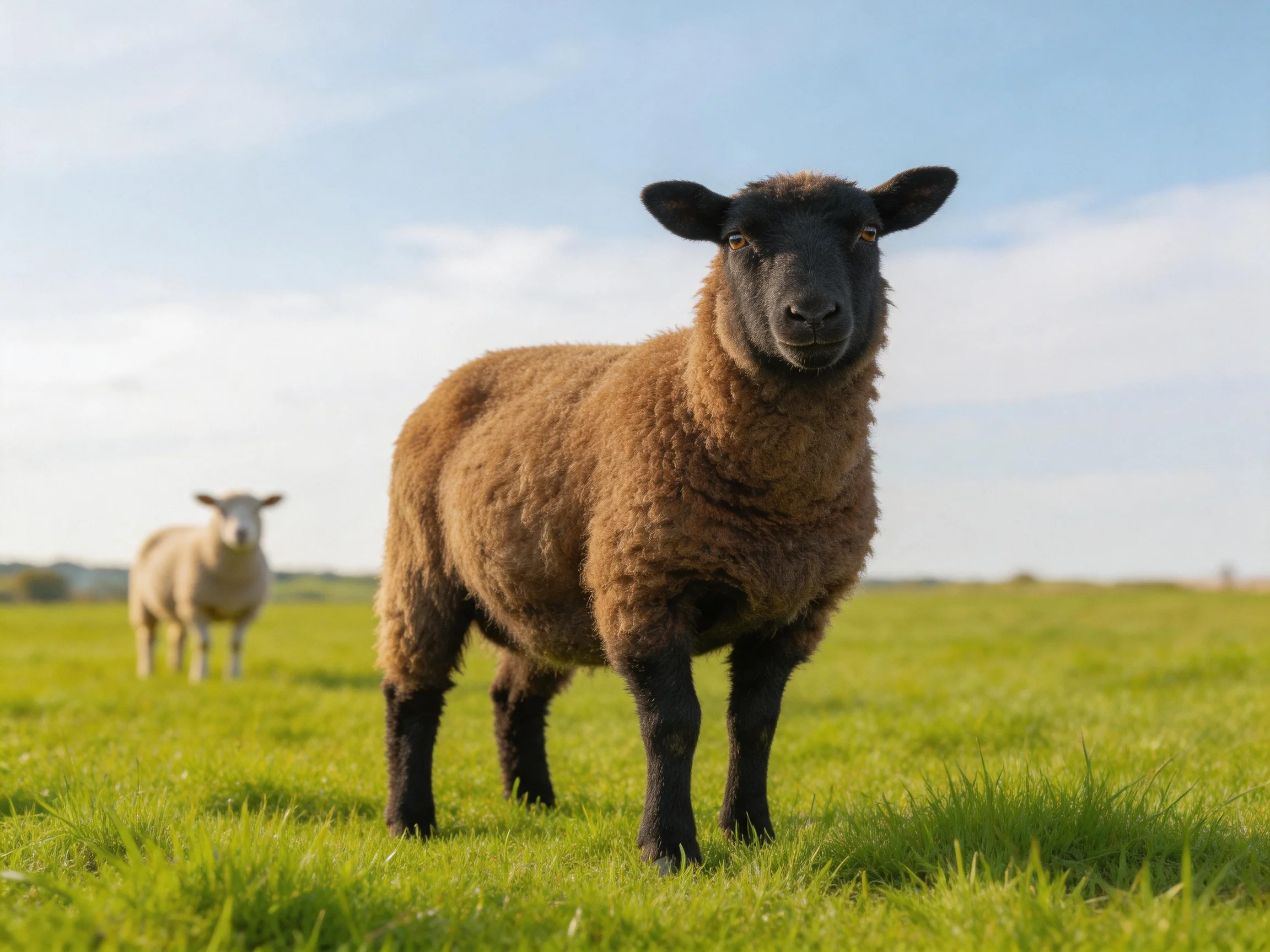 A brown sheep with dark face stands near a white sheep in a green field