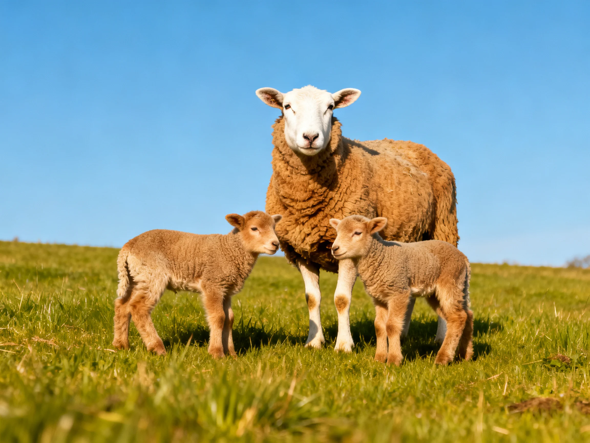 An adult sheep stands with two lambs in a sunny green pasture.