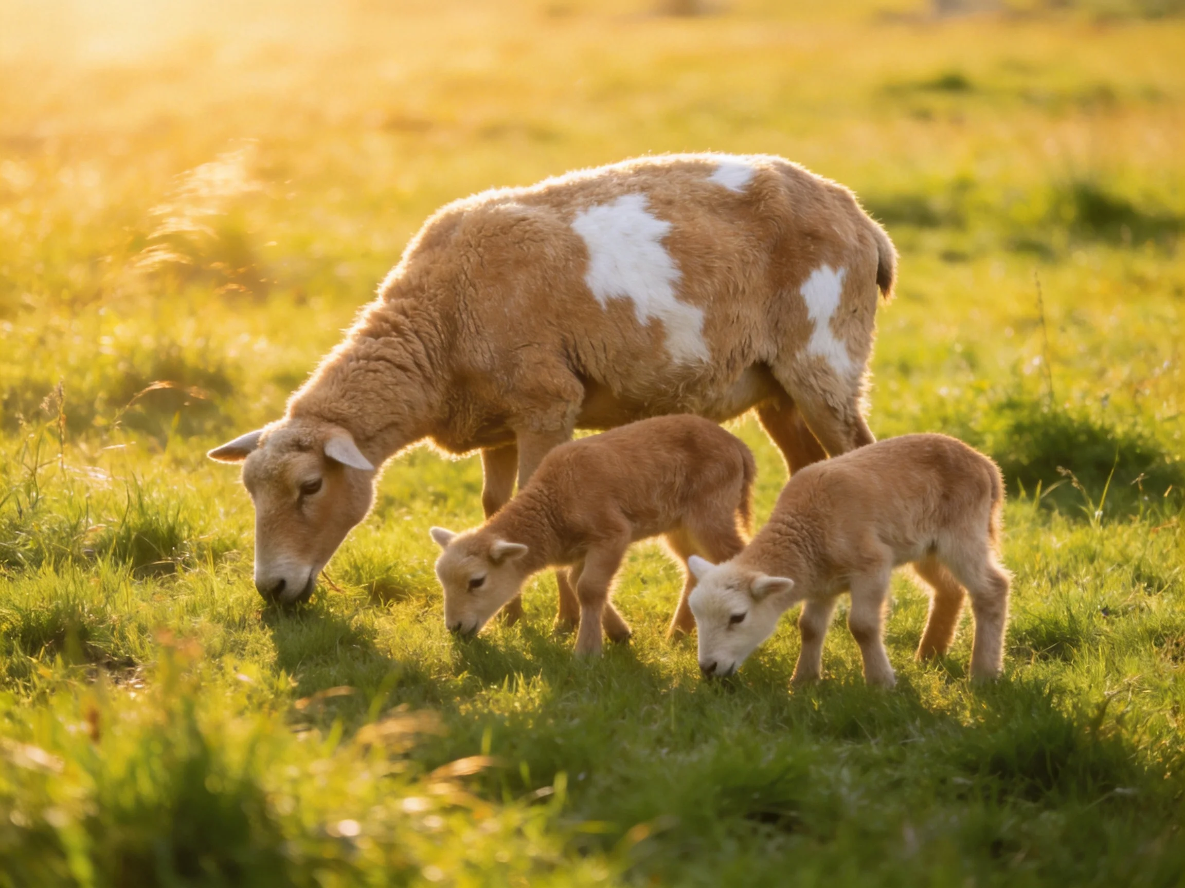 An adult sheep with whitepatches and two lambs graze together in a sunlit pasture.